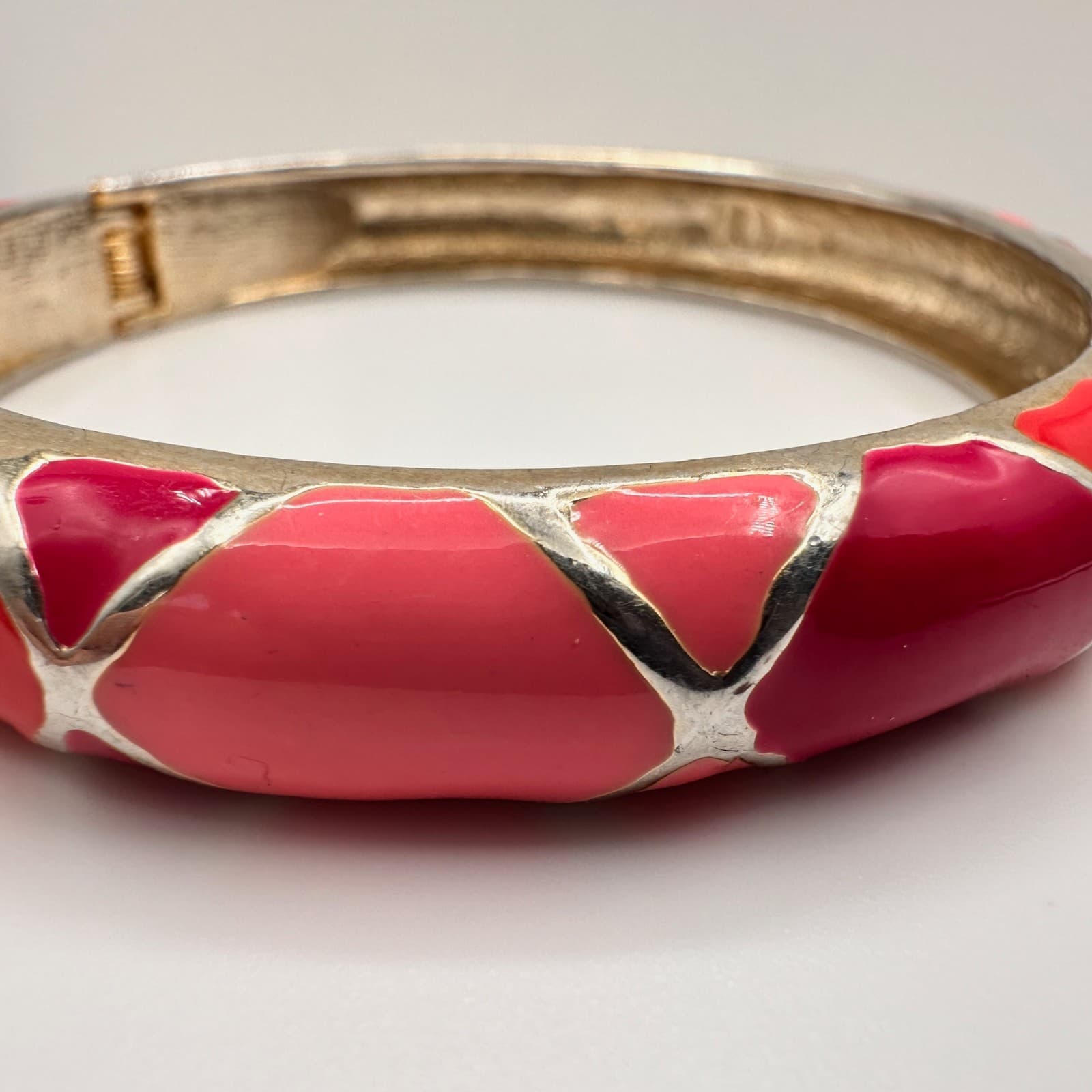Vintage Y2K Pink & Red Enamel Bracelet Silver Tone Geometric Statement Jewelry - Thumbnail 4
