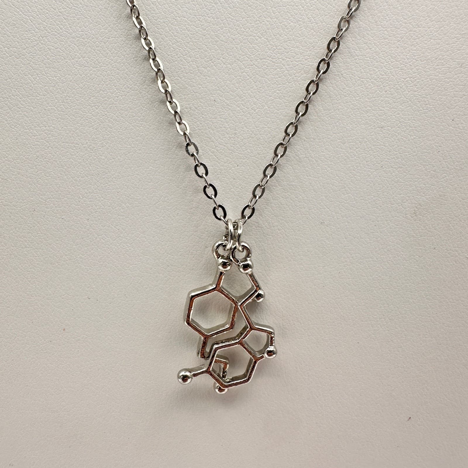 Vintage Y2K Serotonin Molecule Pendant Necklace Silver Tone Chemistry Jewelry - Thumbnail 2