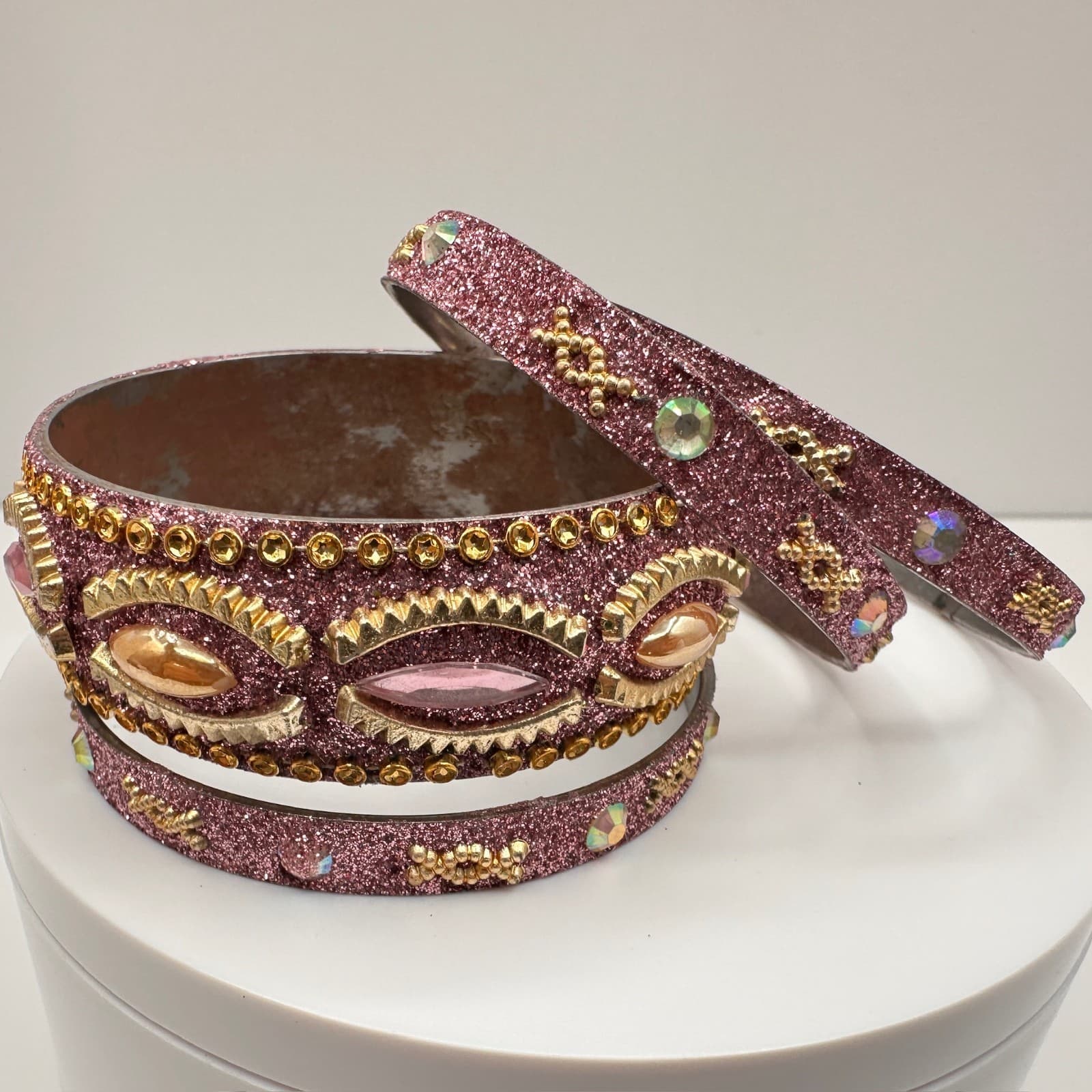 Vintage 90s Pink Glitter Bangle Bracelet Set Rhinestone Boho Women's Jewelry - Thumbnail 10