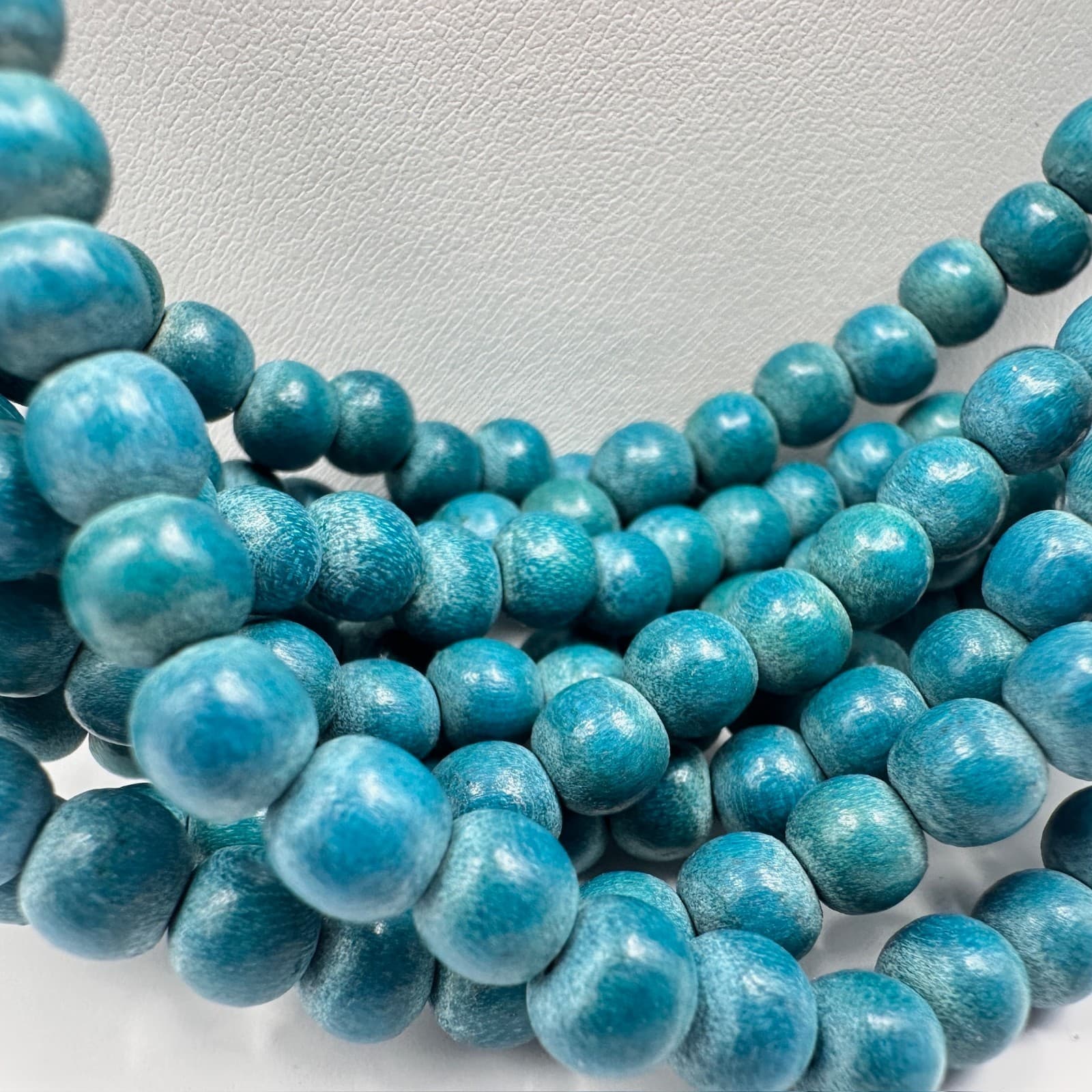 Vintage 80s Blue Wood Bead Multi Strand Statement Necklace Jewelry - Thumbnail 7