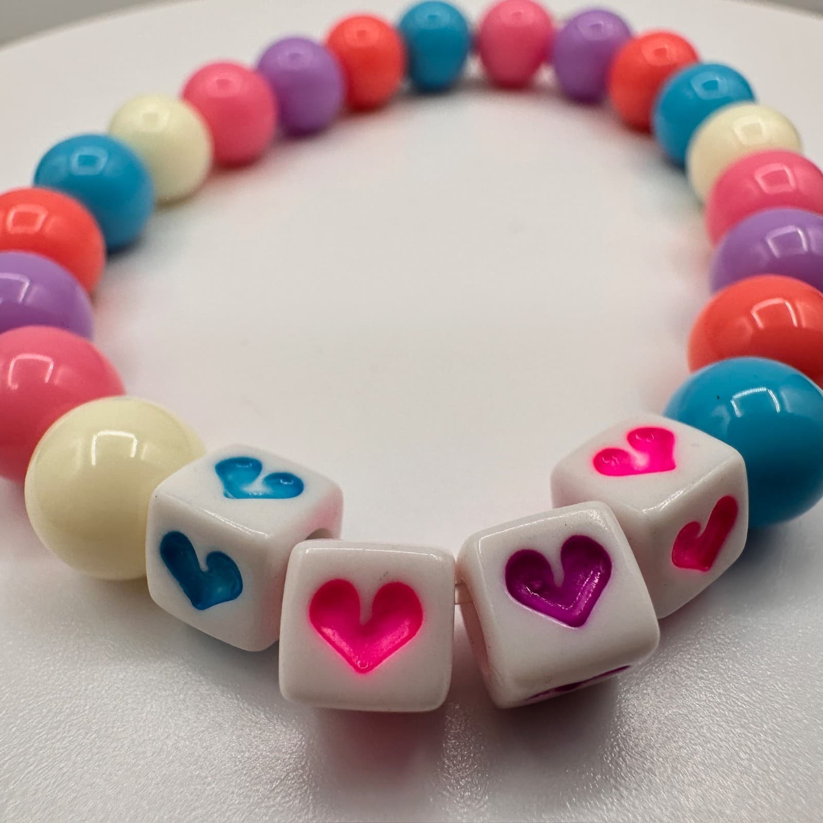 Vintage Y2K 90s Handmade Beaded Bracelet Heart Charm Cube Beads Kandi Jewelry - Thumbnail 6