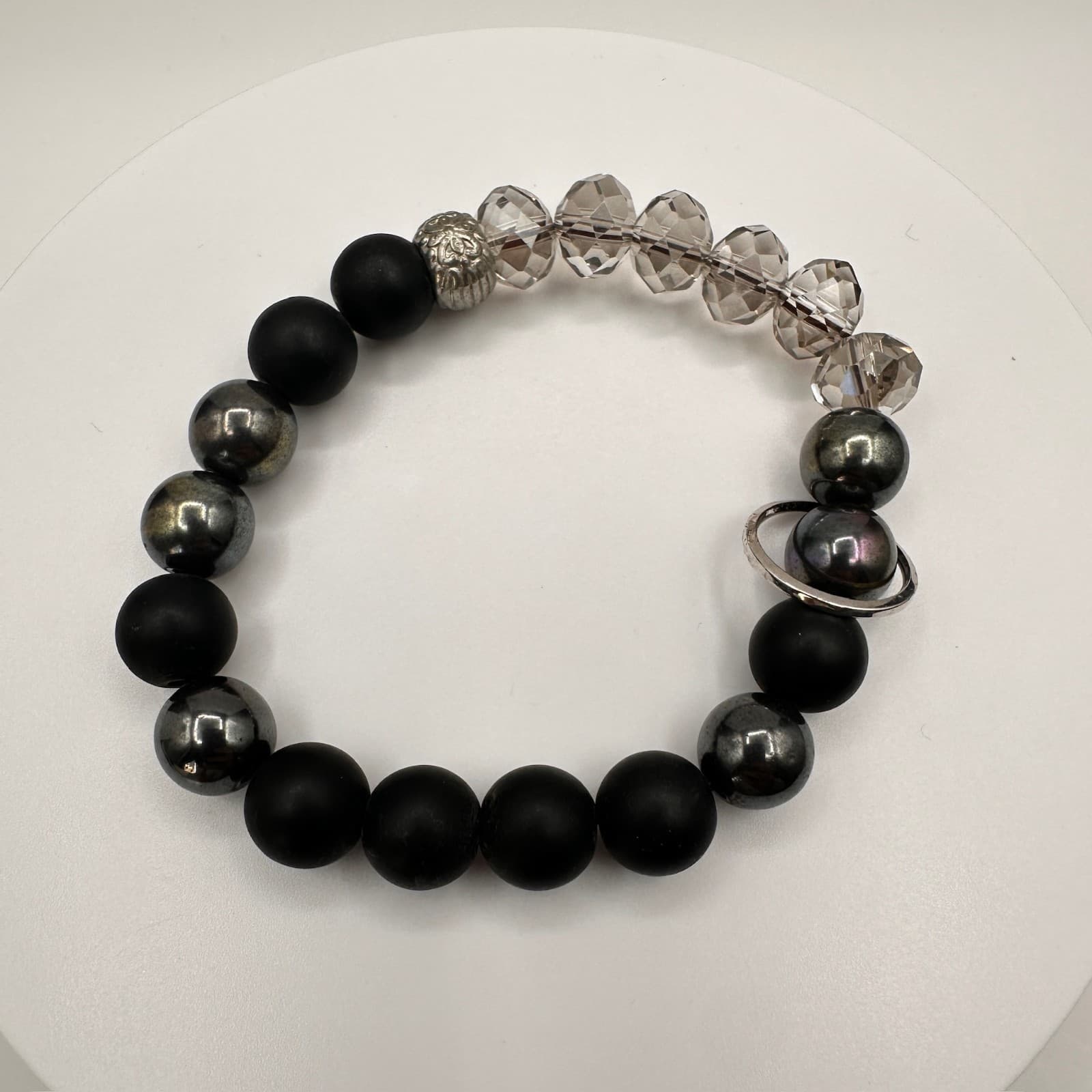 Vintage 80s Black Onyx Hematite Smoky Quartz Beaded Stretch Bracelet Boho - Thumbnail 2
