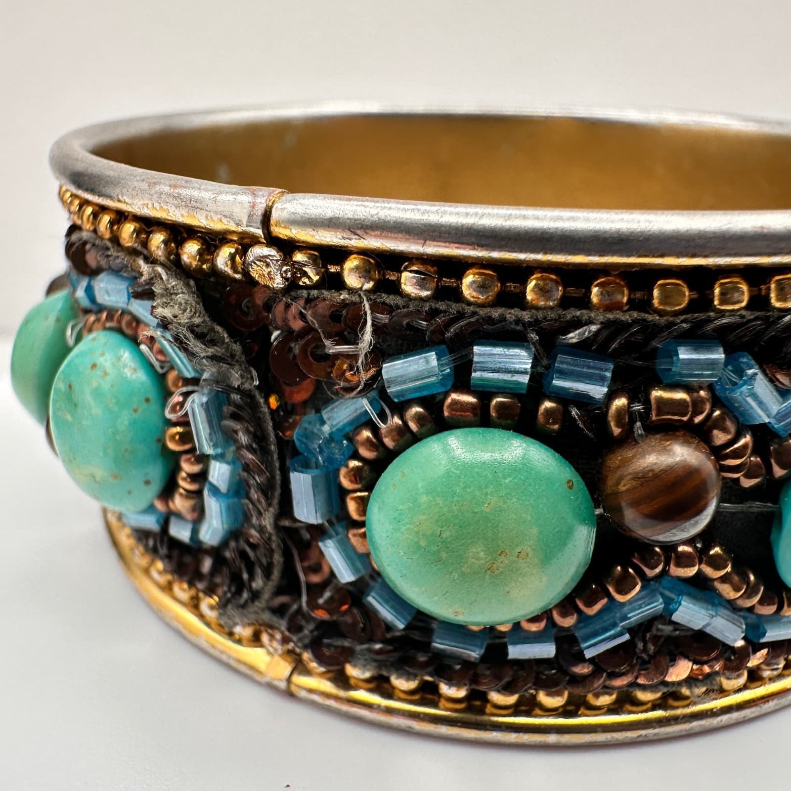 Vintage 90s Mixed Media Bangle Bracelet Turquoise Tiger Eye Glass Beaded Boho - Thumbnail 3