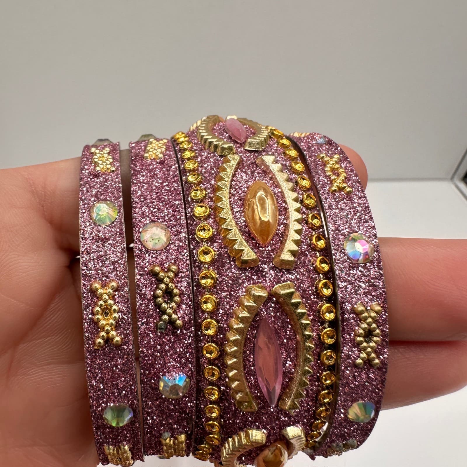 Vintage 90s Pink Glitter Bangle Bracelet Set Rhinestone Boho Women's Jewelry - Thumbnail 14
