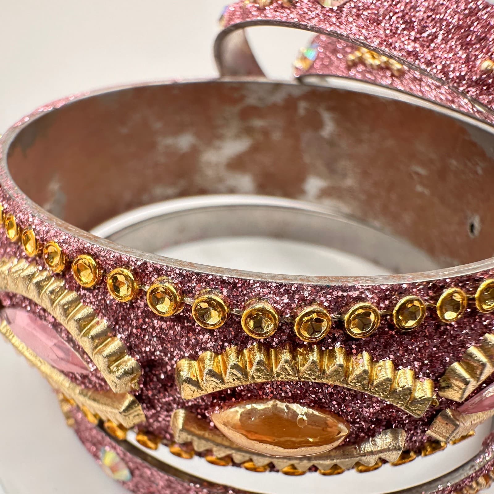 Vintage 90s Pink Glitter Bangle Bracelet Set Rhinestone Boho Women's Jewelry - Thumbnail 12