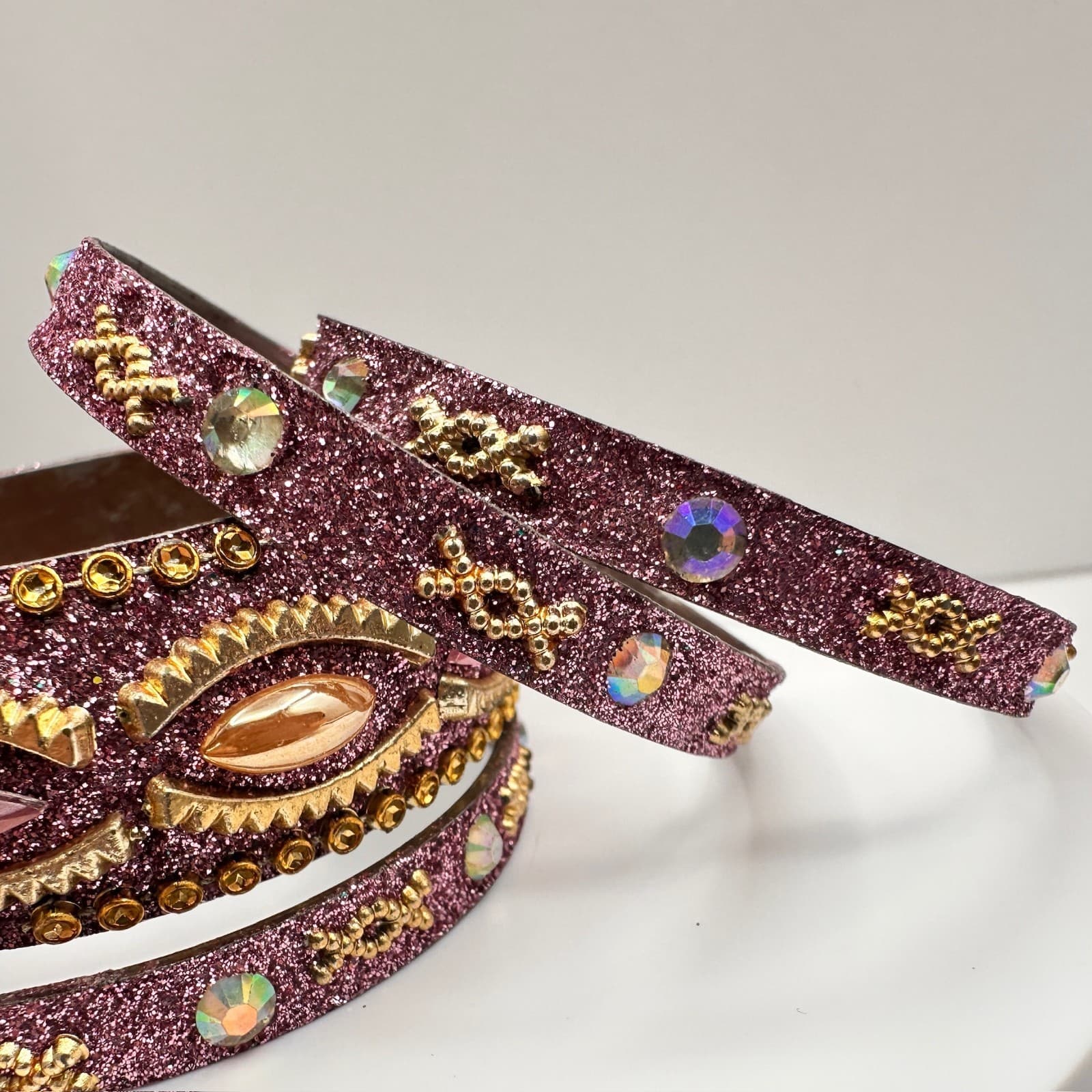 Vintage 90s Pink Glitter Bangle Bracelet Set Rhinestone Boho Women's Jewelry - Thumbnail 5