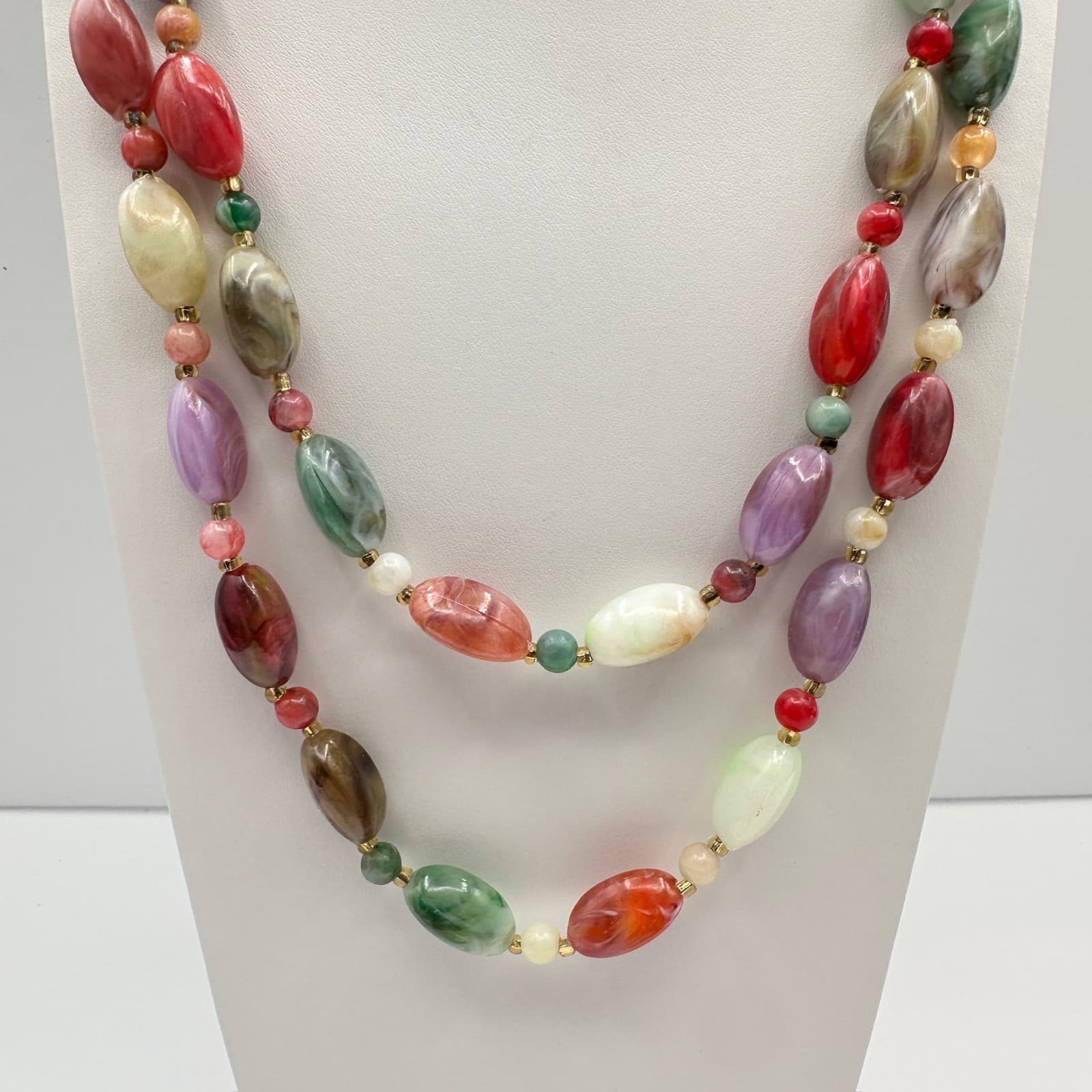 Vintage 80s Marbled Bead Double Strand Fashion Necklace Statement Jewelry - Thumbnail 2
