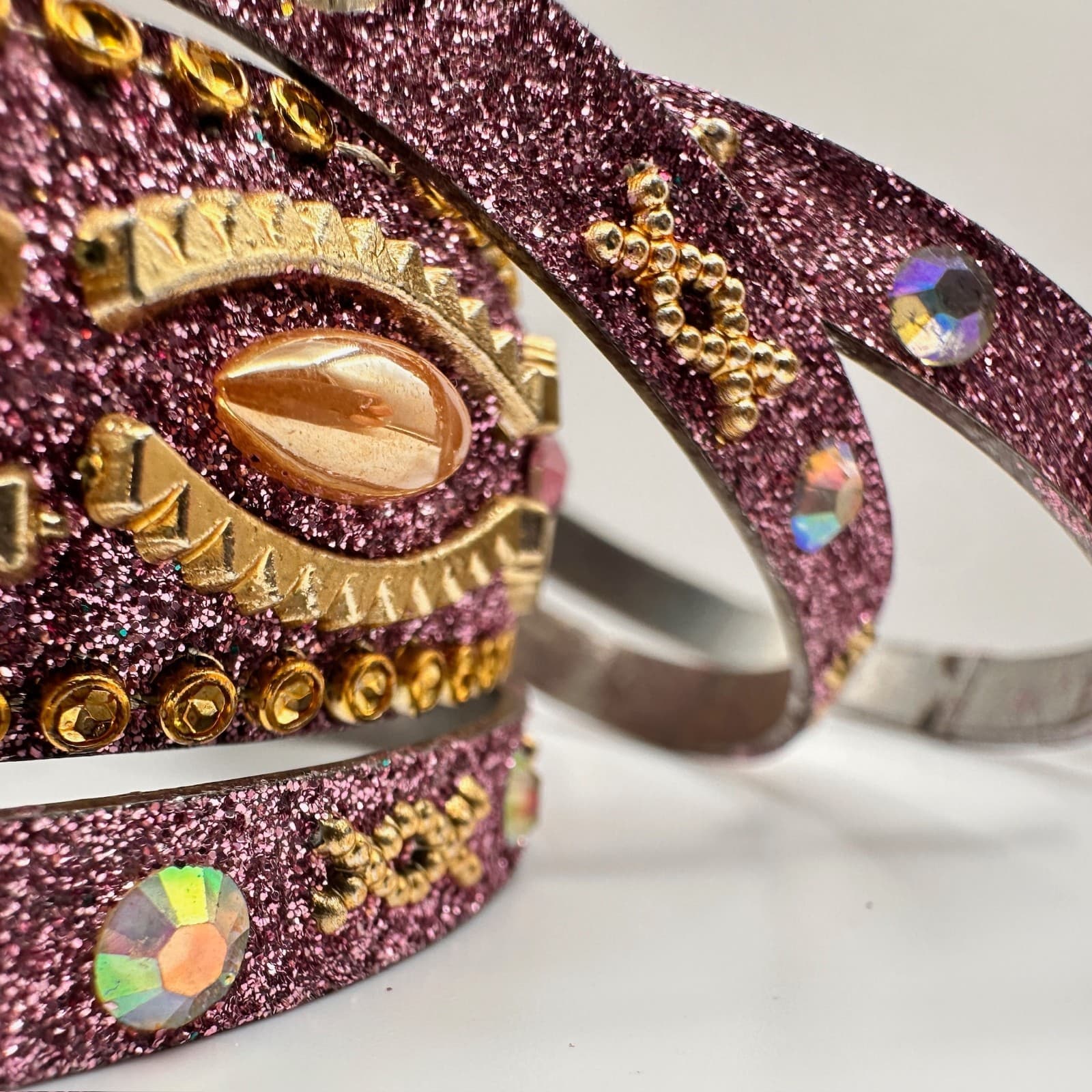 Vintage 90s Pink Glitter Bangle Bracelet Set Rhinestone Boho Women's Jewelry - Thumbnail 8