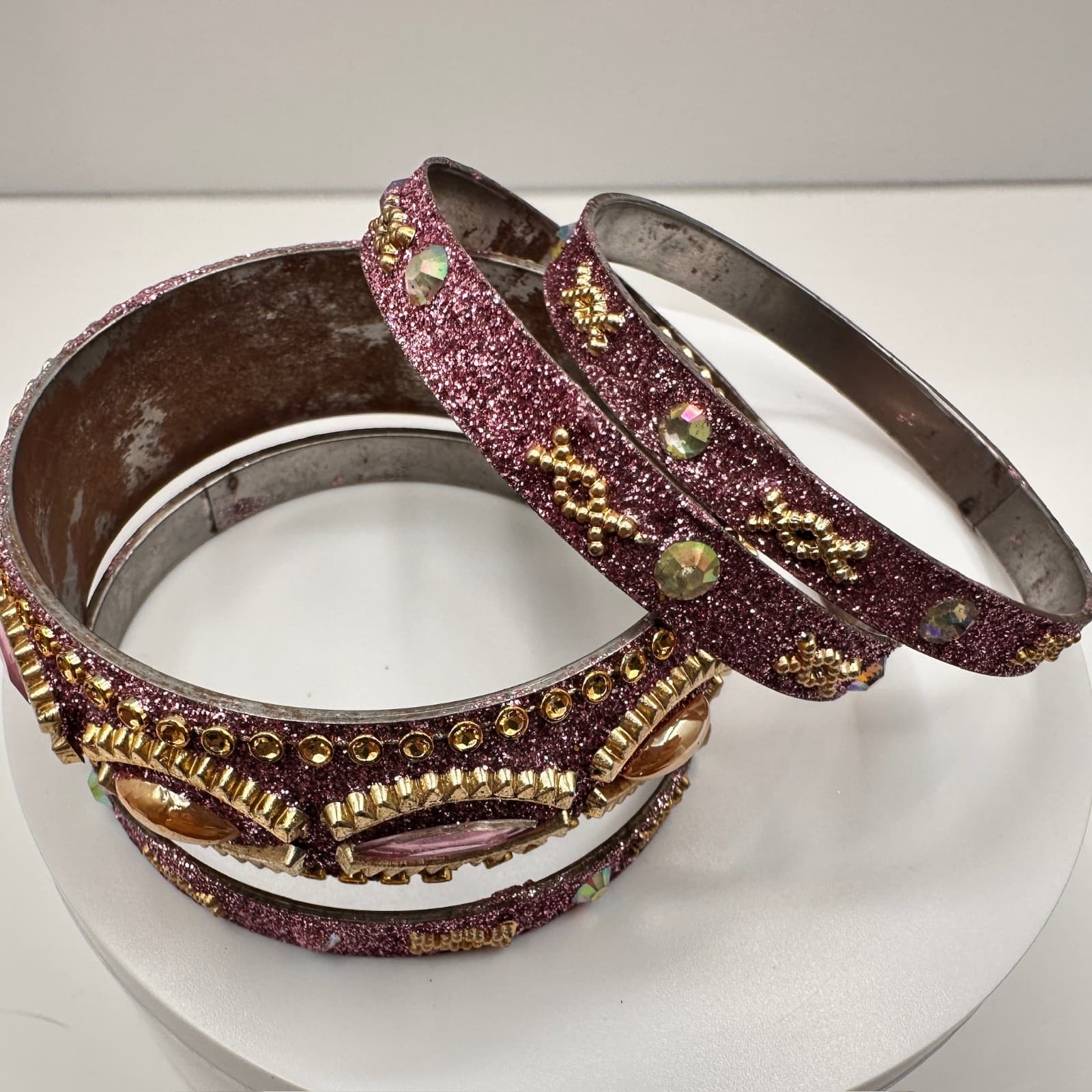 Vintage 90s Pink Glitter Bangle Bracelet Set Rhinestone Boho Women's Jewelry - Thumbnail 9