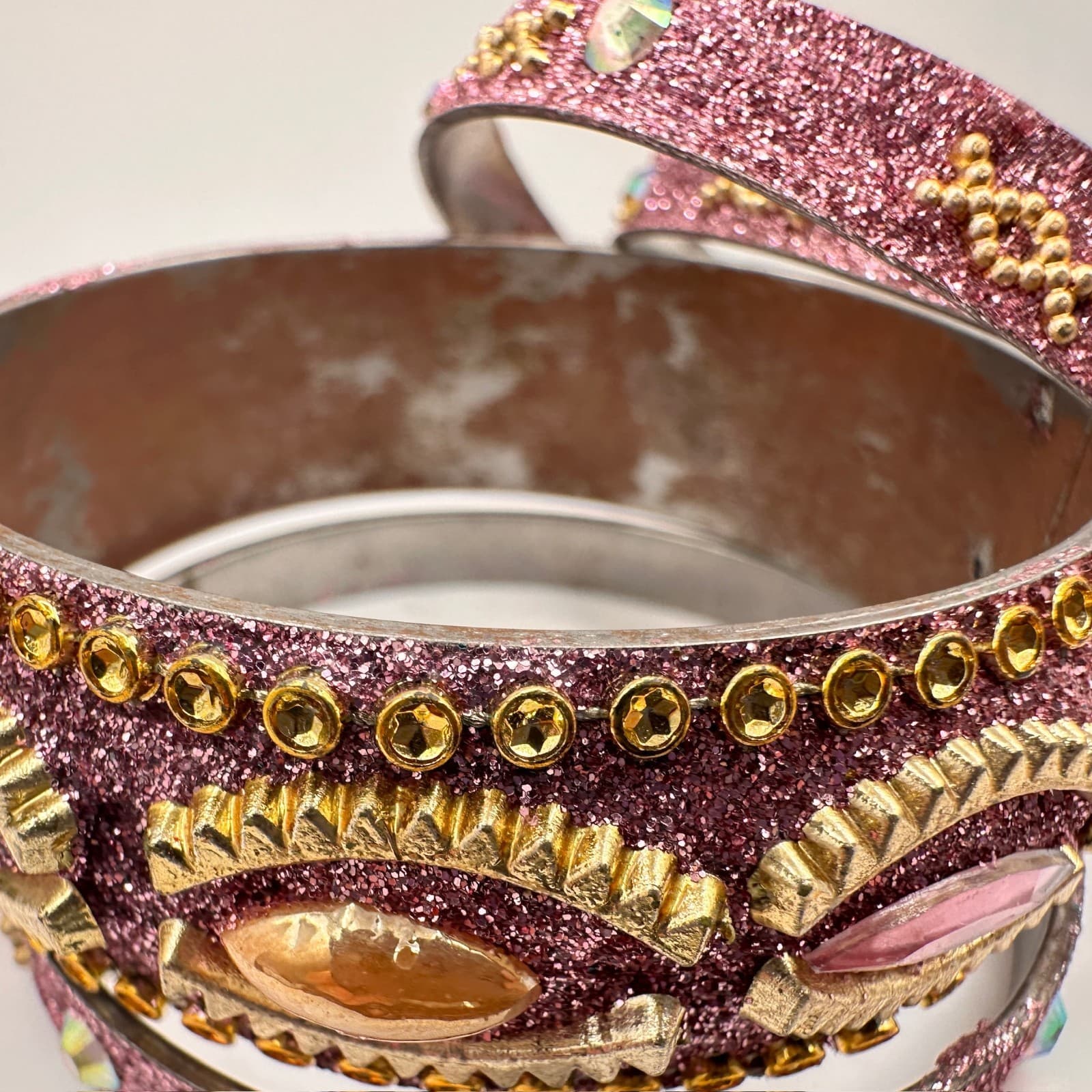 Vintage 90s Pink Glitter Bangle Bracelet Set Rhinestone Boho Women's Jewelry - Thumbnail 11