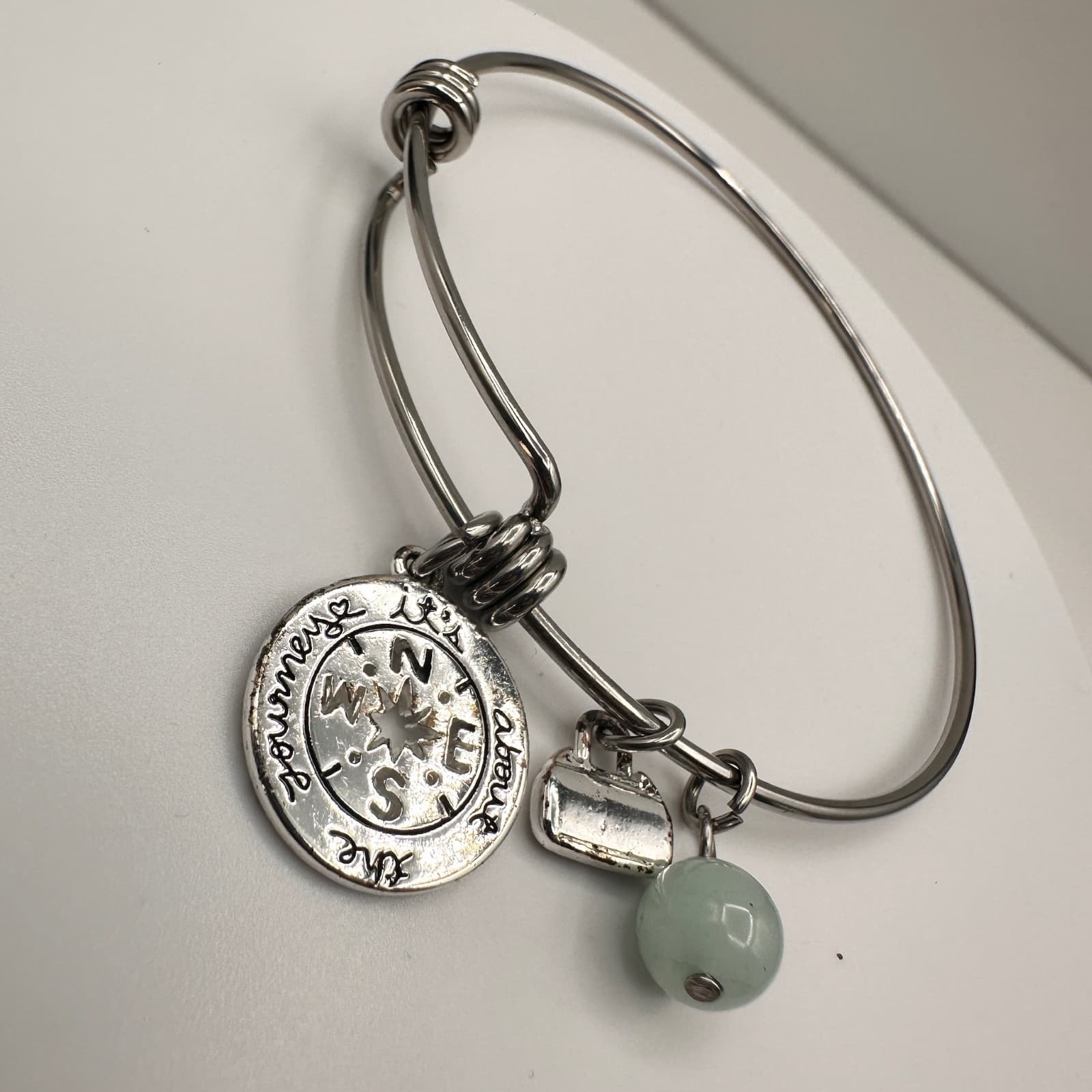 Vintage Y2K Silver Tone Charm Bracelet It’s About The Journey Green Bead Jewelry - Thumbnail 3