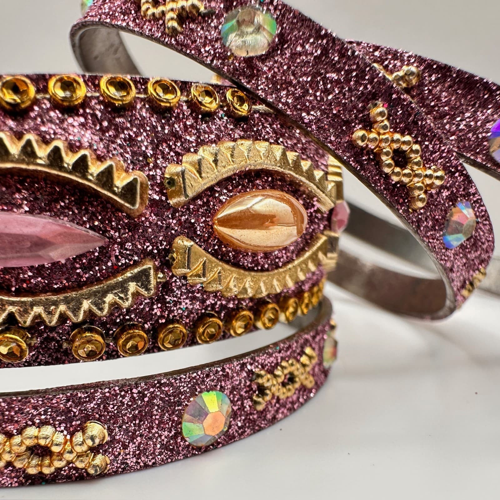 Vintage 90s Pink Glitter Bangle Bracelet Set Rhinestone Boho Women's Jewelry - Thumbnail 7