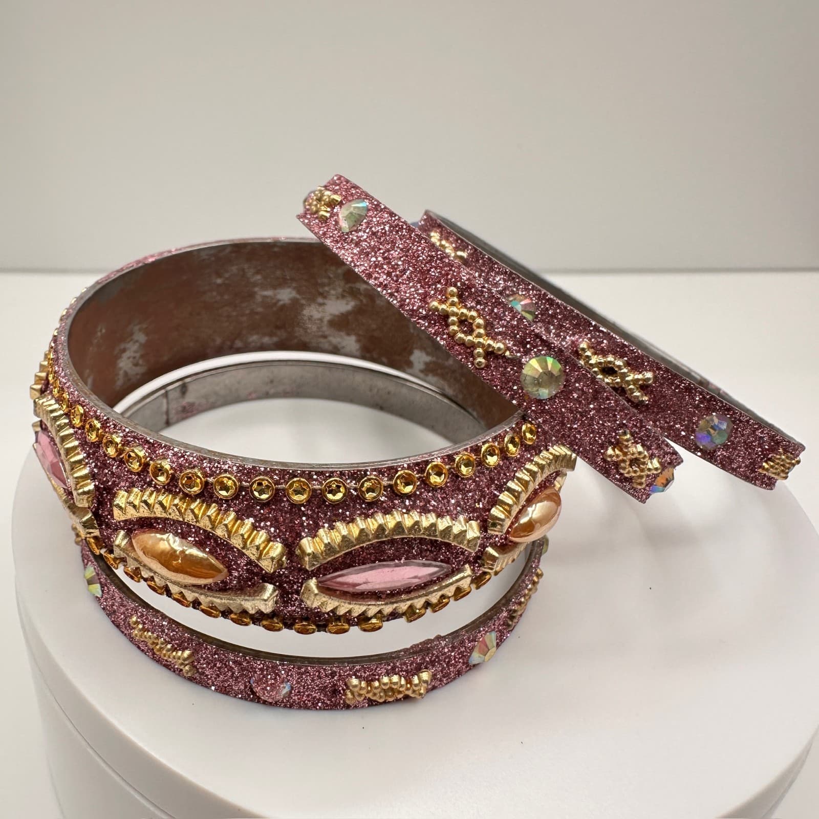 Vintage 90s Pink Glitter Bangle Bracelet Set Rhinestone Boho Women's Jewelry - Thumbnail 2