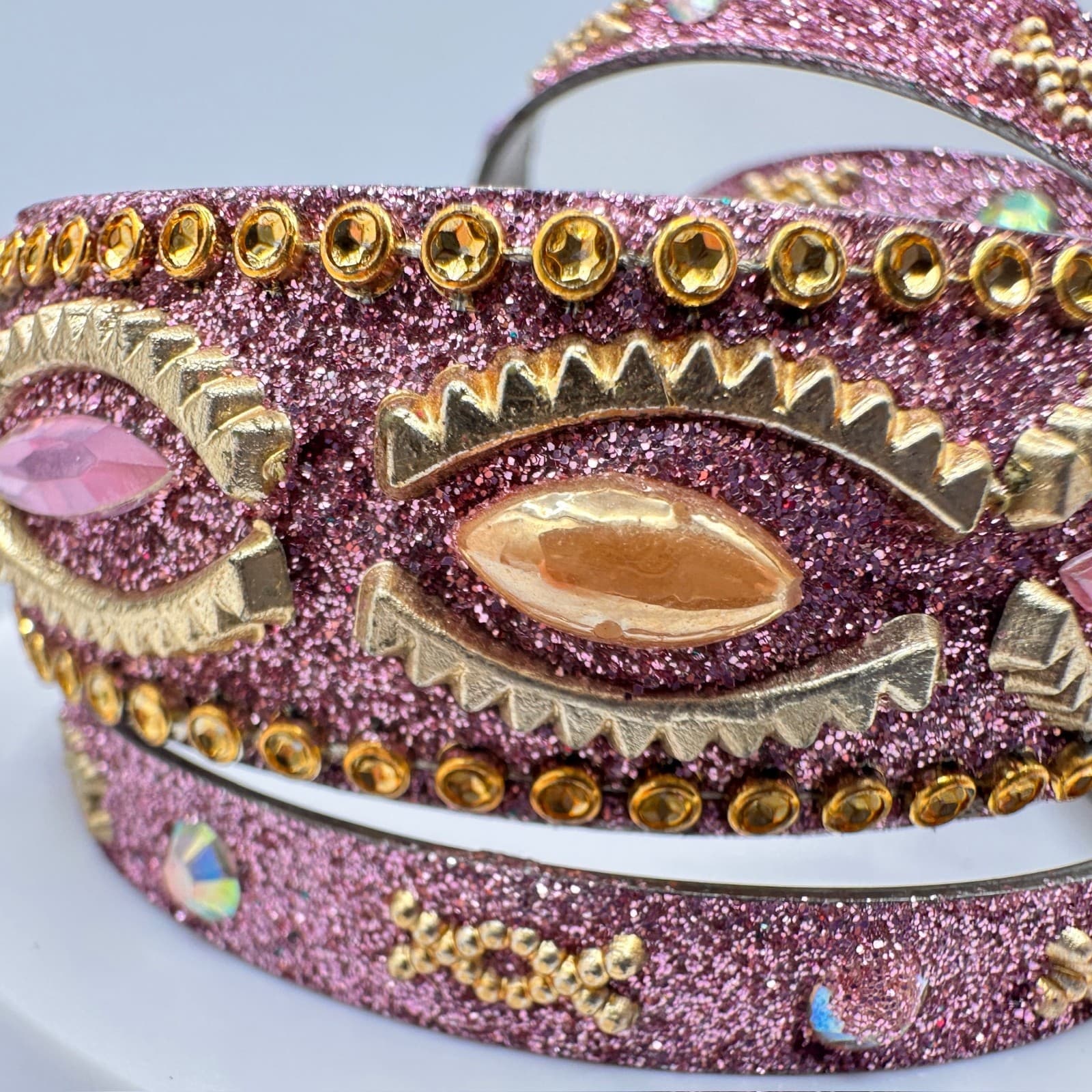 Vintage 90s Pink Glitter Bangle Bracelet Set Rhinestone Boho Women's Jewelry - Thumbnail 4