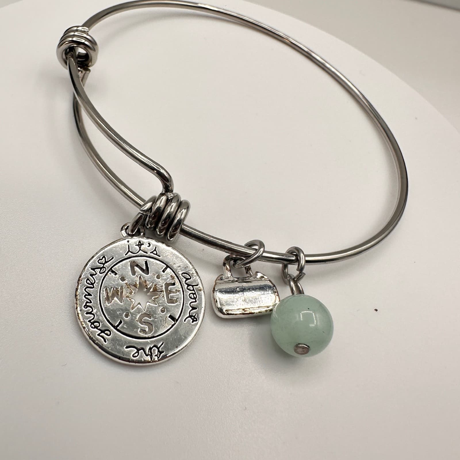 Vintage Y2K Silver Tone Charm Bracelet It’s About The Journey Green Bead Jewelry - Thumbnail 2