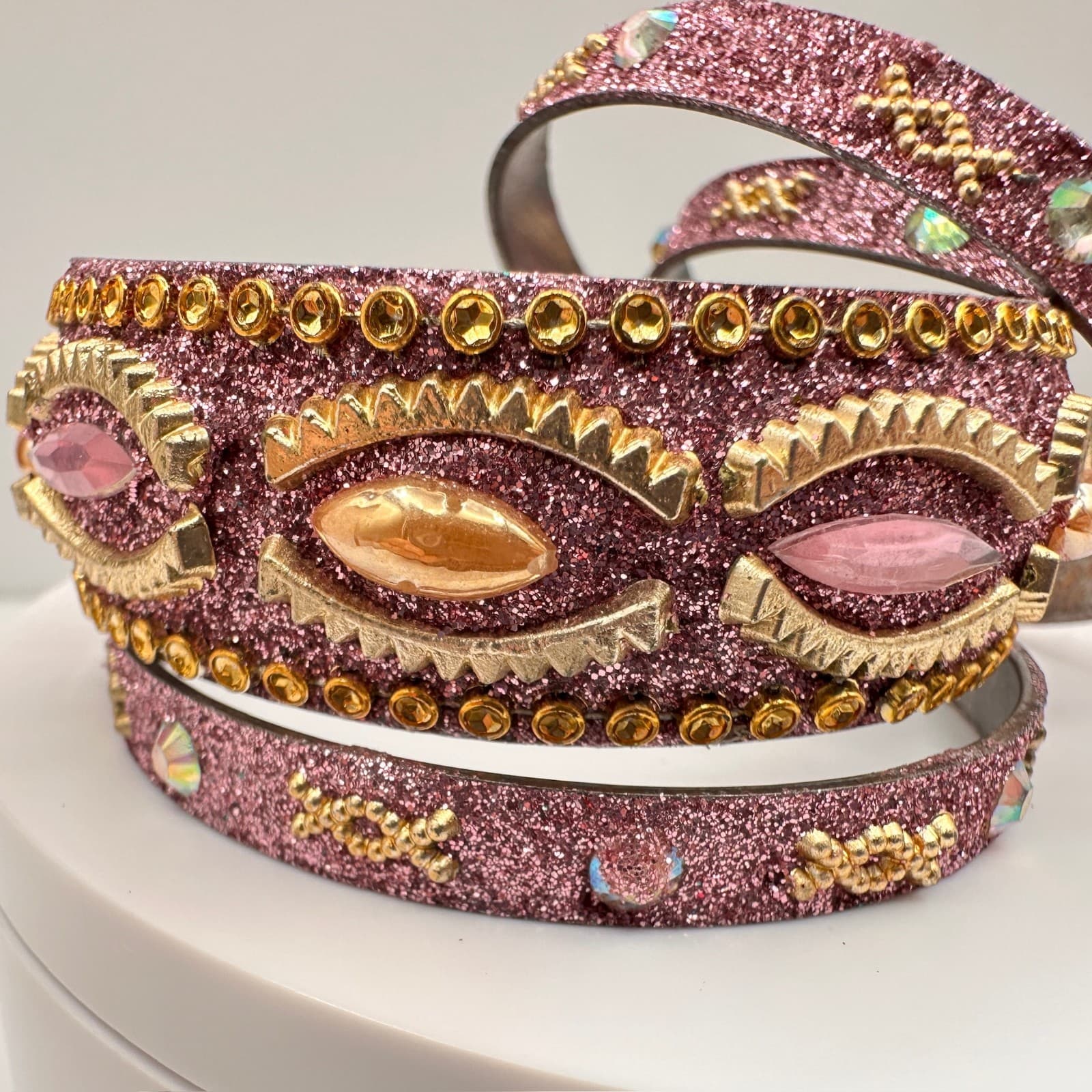 Vintage 90s Pink Glitter Bangle Bracelet Set Rhinestone Boho Women's Jewelry - Thumbnail 3