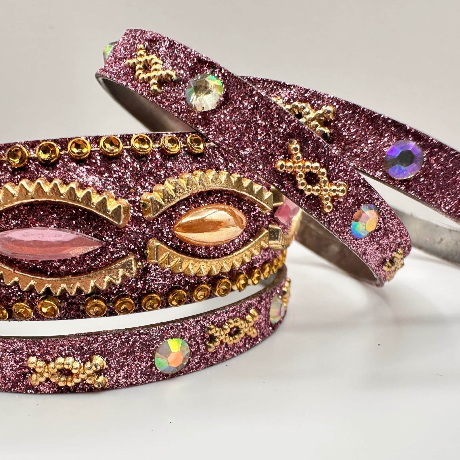Vintage 90s Pink Glitter Bangle Bracelet Set Rhinestone Boho Women's Jewelry - Thumbnail 6