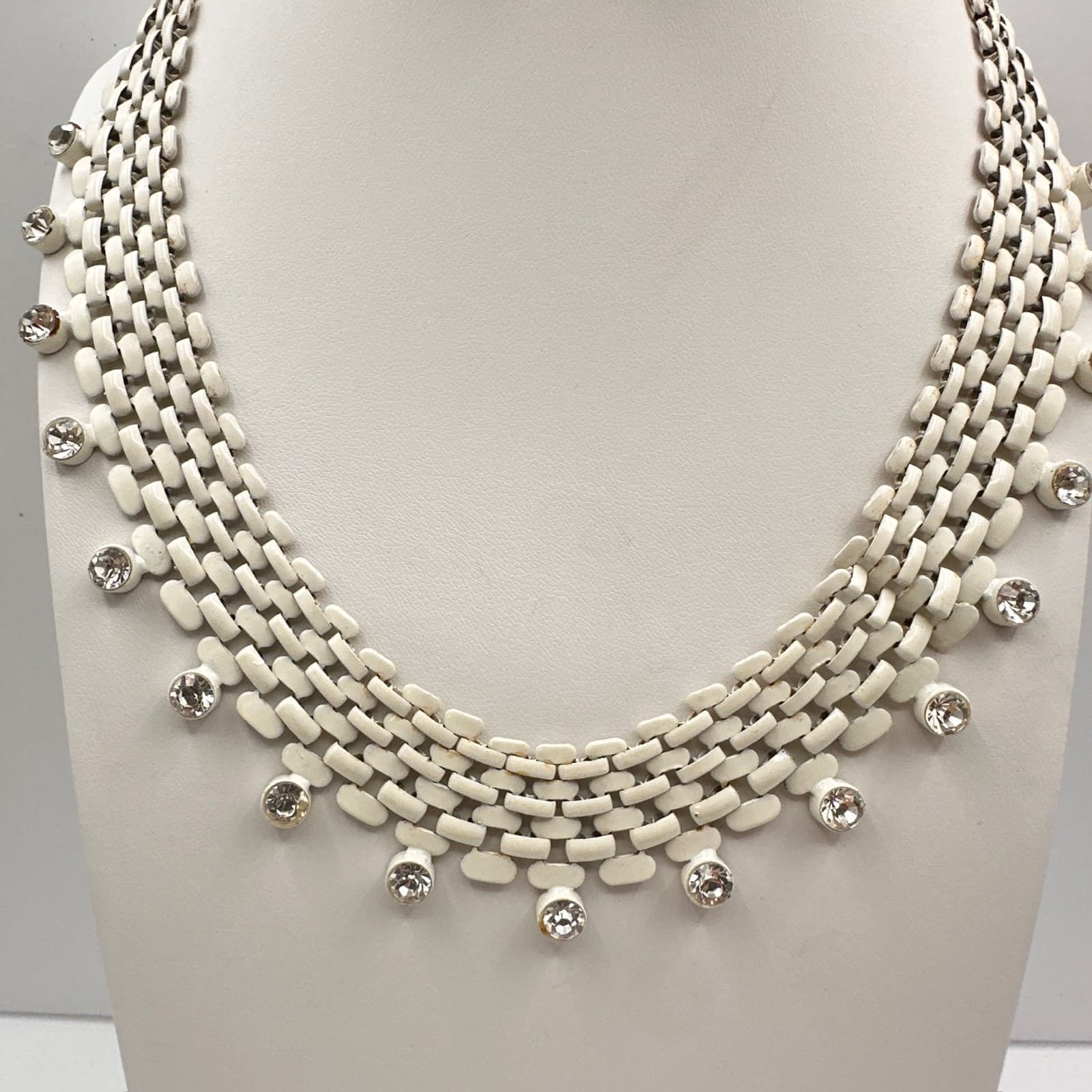 Vintage 80s White Enamel Mesh Chain Collar Necklace Clear Rhinestone Fringe - Thumbnail 14