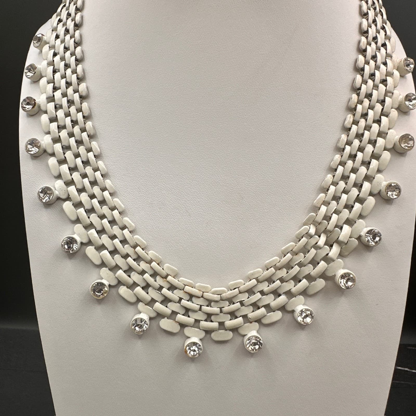 Vintage 80s White Enamel Mesh Chain Collar Necklace Clear Rhinestone Fringe - Image 1