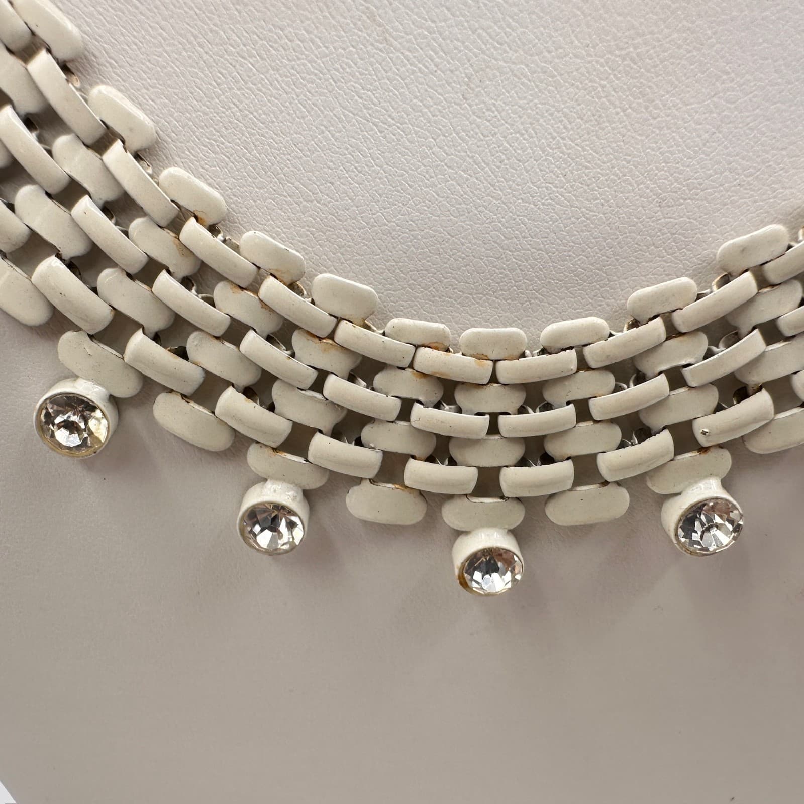 Vintage 80s White Enamel Mesh Chain Collar Necklace Clear Rhinestone Fringe - Thumbnail 12