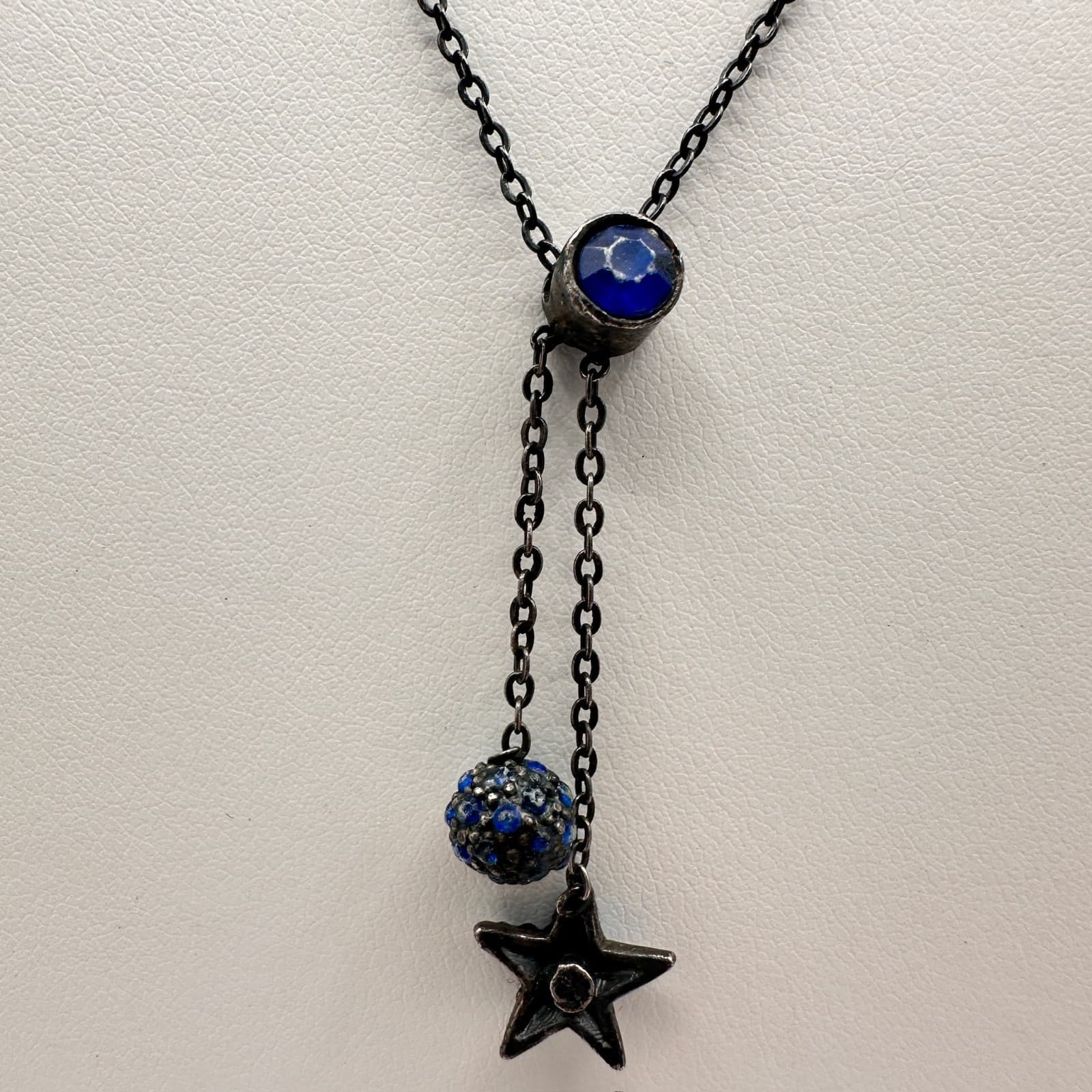 Vintage Y2K Blue Crystal Pendant Y-Necklace Link Chain Silver Tone Jewelry - Thumbnail 3