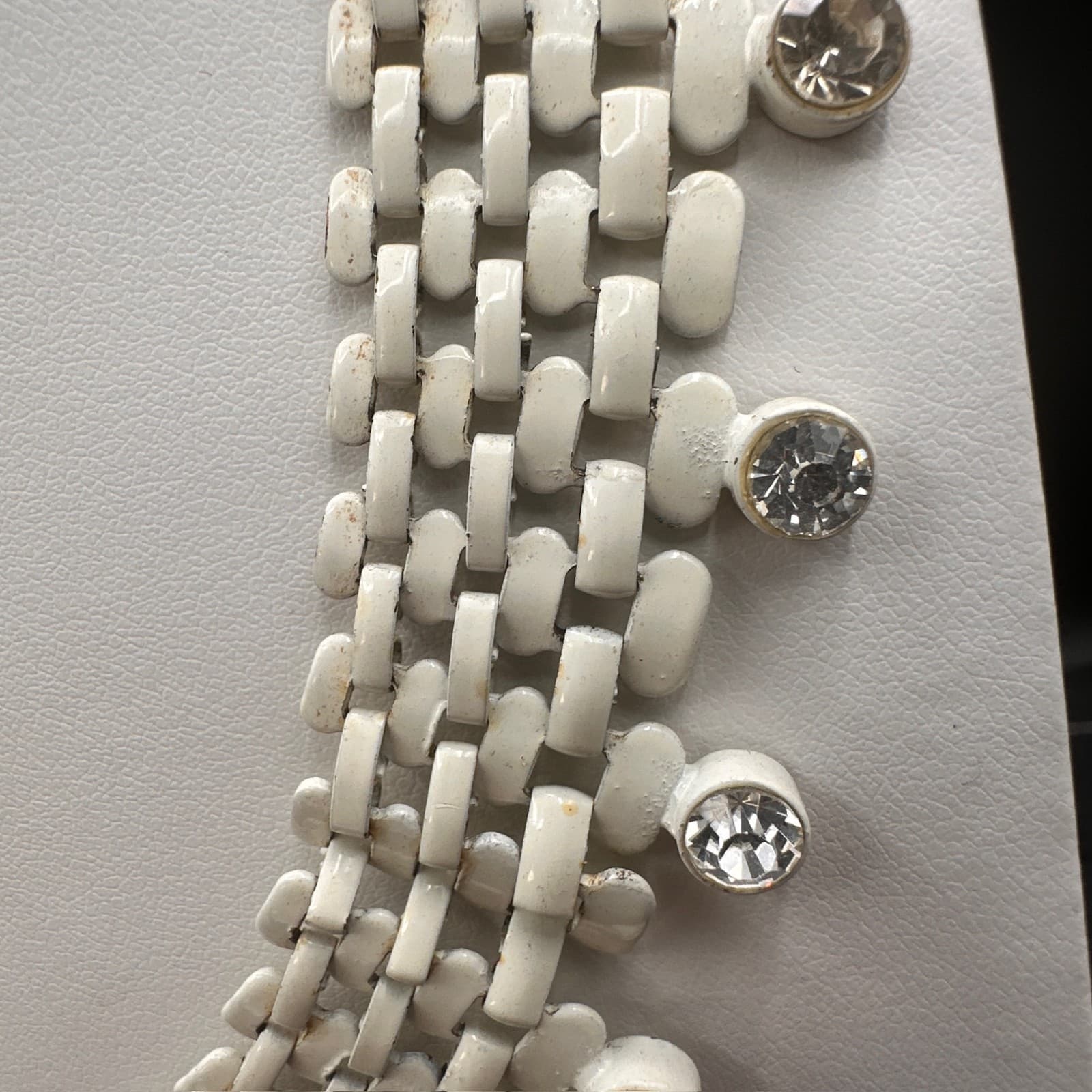 Vintage 80s White Enamel Mesh Chain Collar Necklace Clear Rhinestone Fringe - Thumbnail 6
