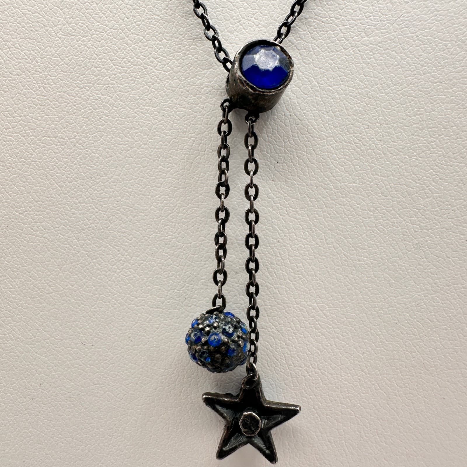 Vintage Y2K Blue Crystal Pendant Y-Necklace Link Chain Silver Tone Jewelry - Thumbnail 6