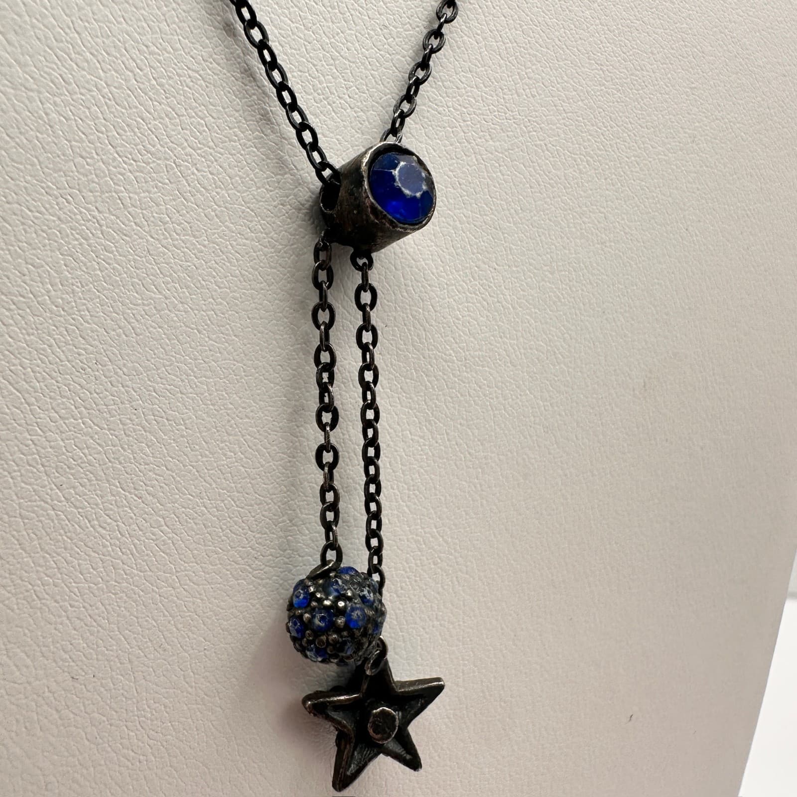 Vintage Y2K Blue Crystal Pendant Y-Necklace Link Chain Silver Tone Jewelry - Thumbnail 7