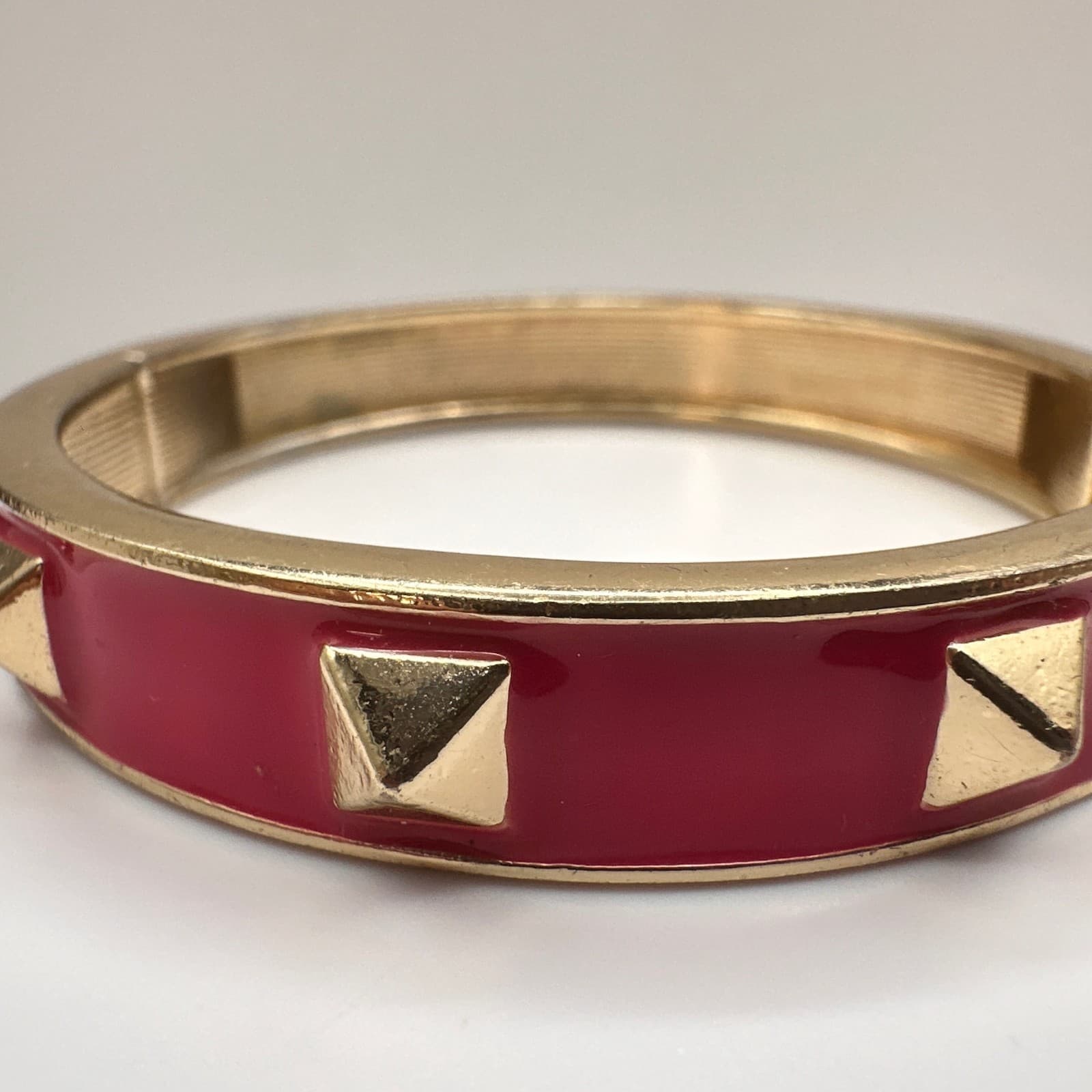 Vintage 90s Red Enamel Gold Tone Studded Hinged Bracelet Punk Rocker Jewelry - Thumbnail 2