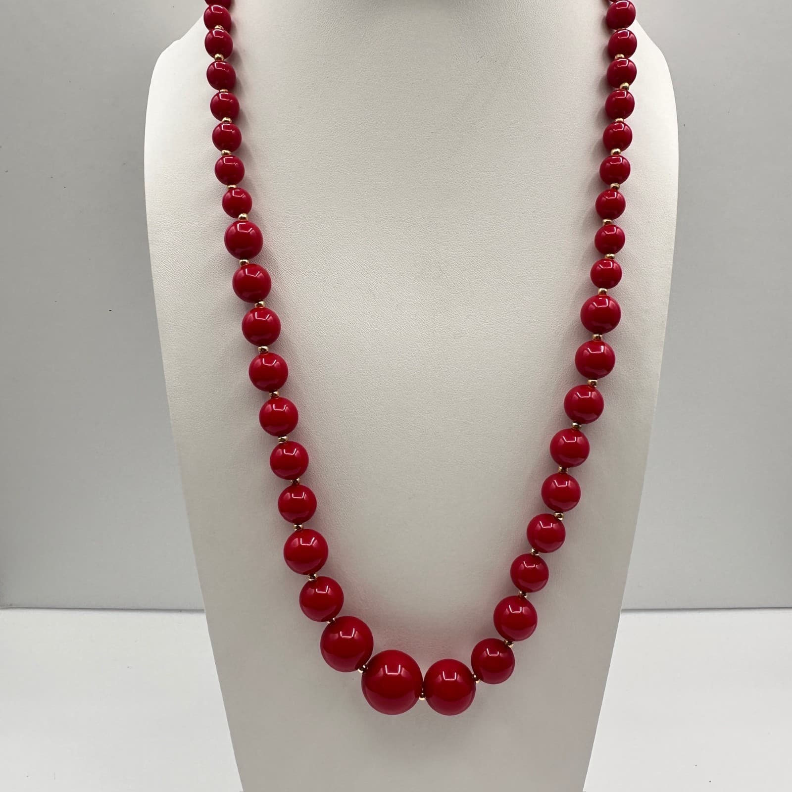Vintage 90s Red Beaded Necklace Graduated Round Beads Gold Tone Spacer Jewelry - Image 1