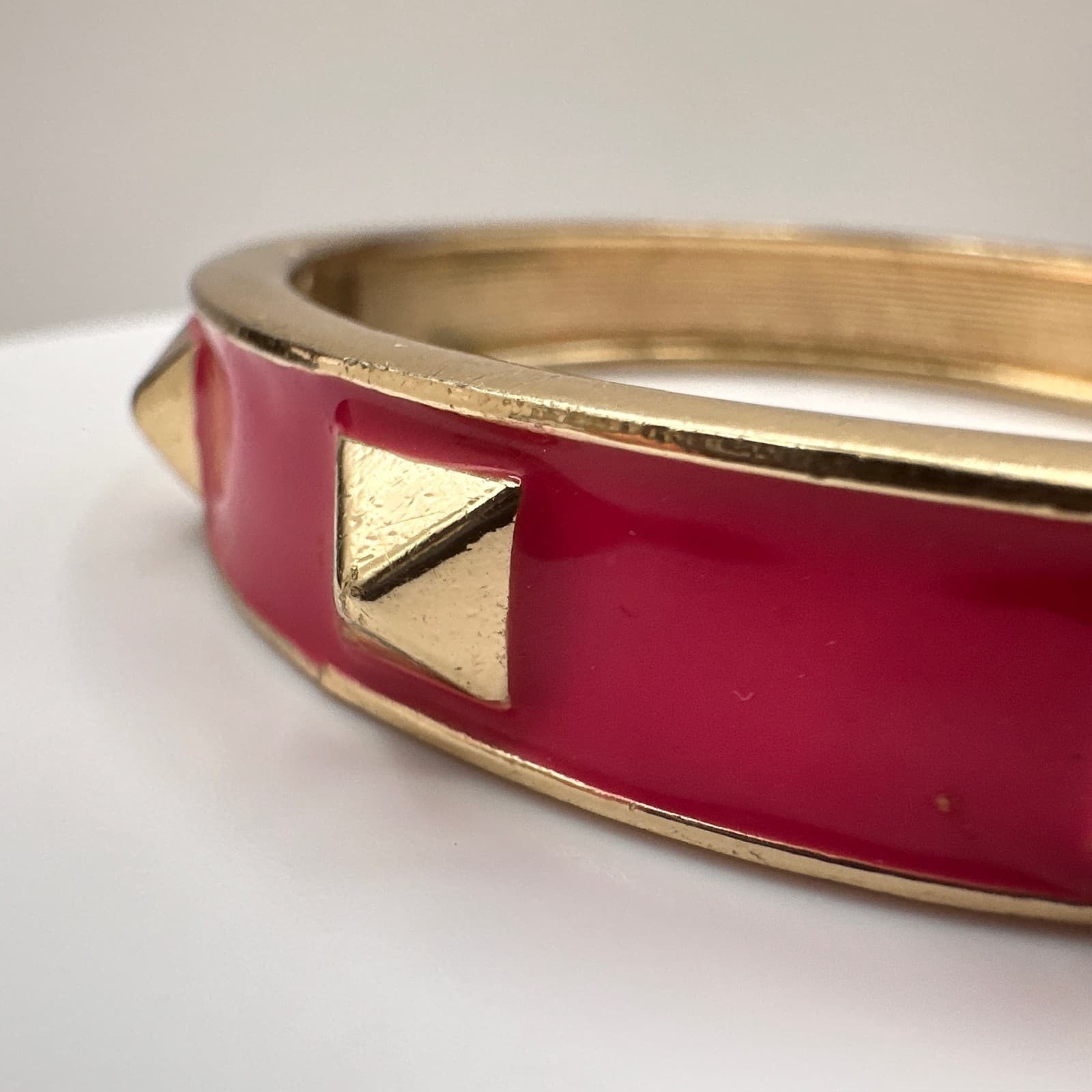 Vintage 90s Red Enamel Gold Tone Studded Hinged Bracelet Punk Rocker Jewelry - Thumbnail 3