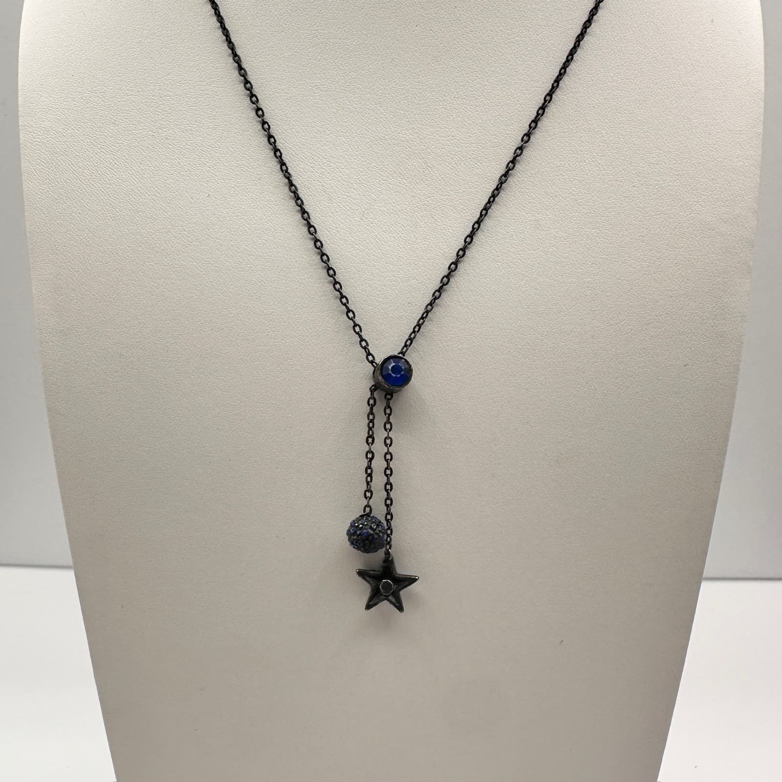 Vintage Y2K Blue Crystal Pendant Y-Necklace Link Chain Silver Tone Jewelry - Image 1