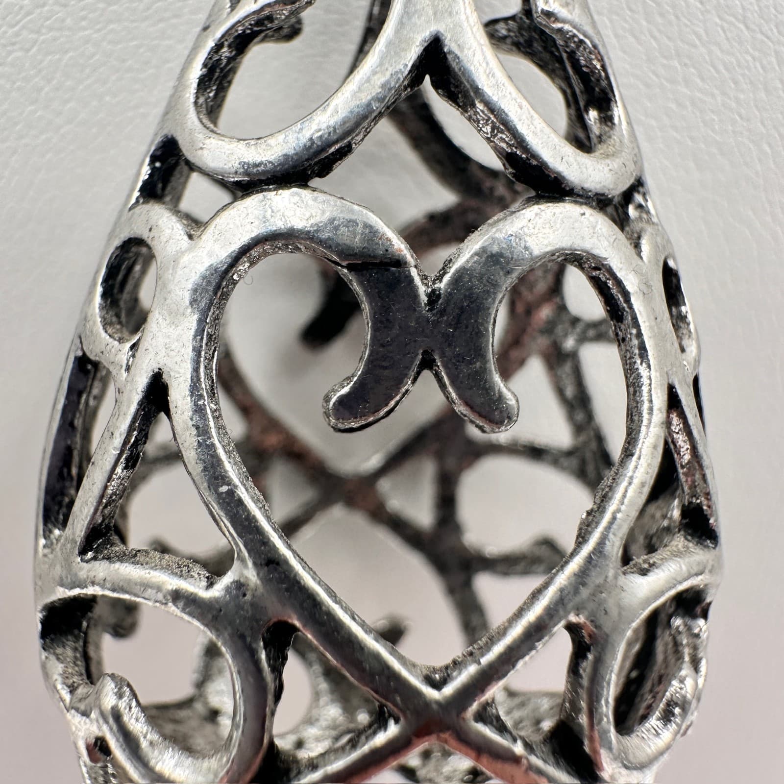 Vintage 80s Silver Tone Filigree Teardrop Heart Pendant Necklace Lobster Jewelry - Thumbnail 6