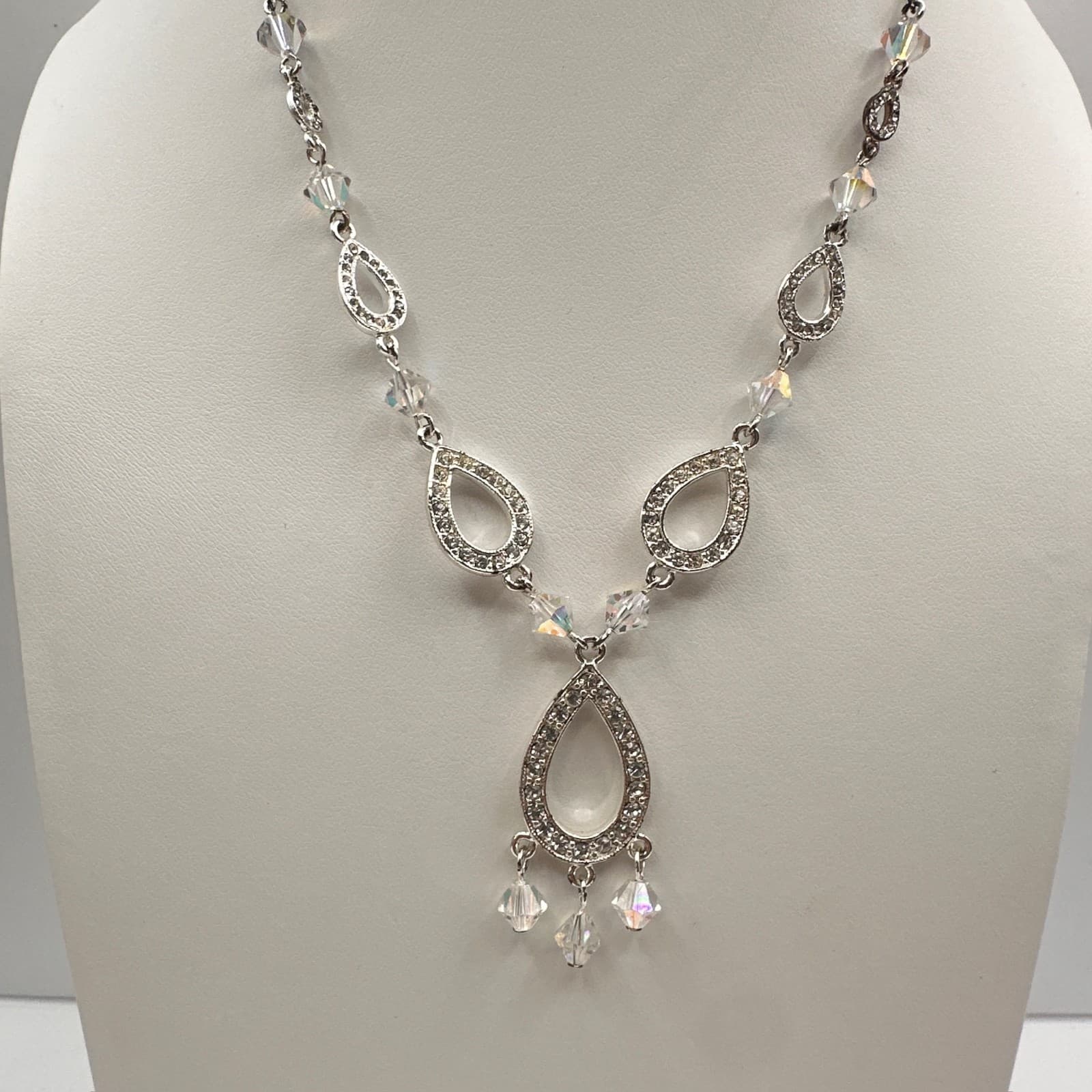 Vintage Y2K Silver Tone Rhinestone Teardrop Necklace AB Crystal Dangle Jewelry - Image 1