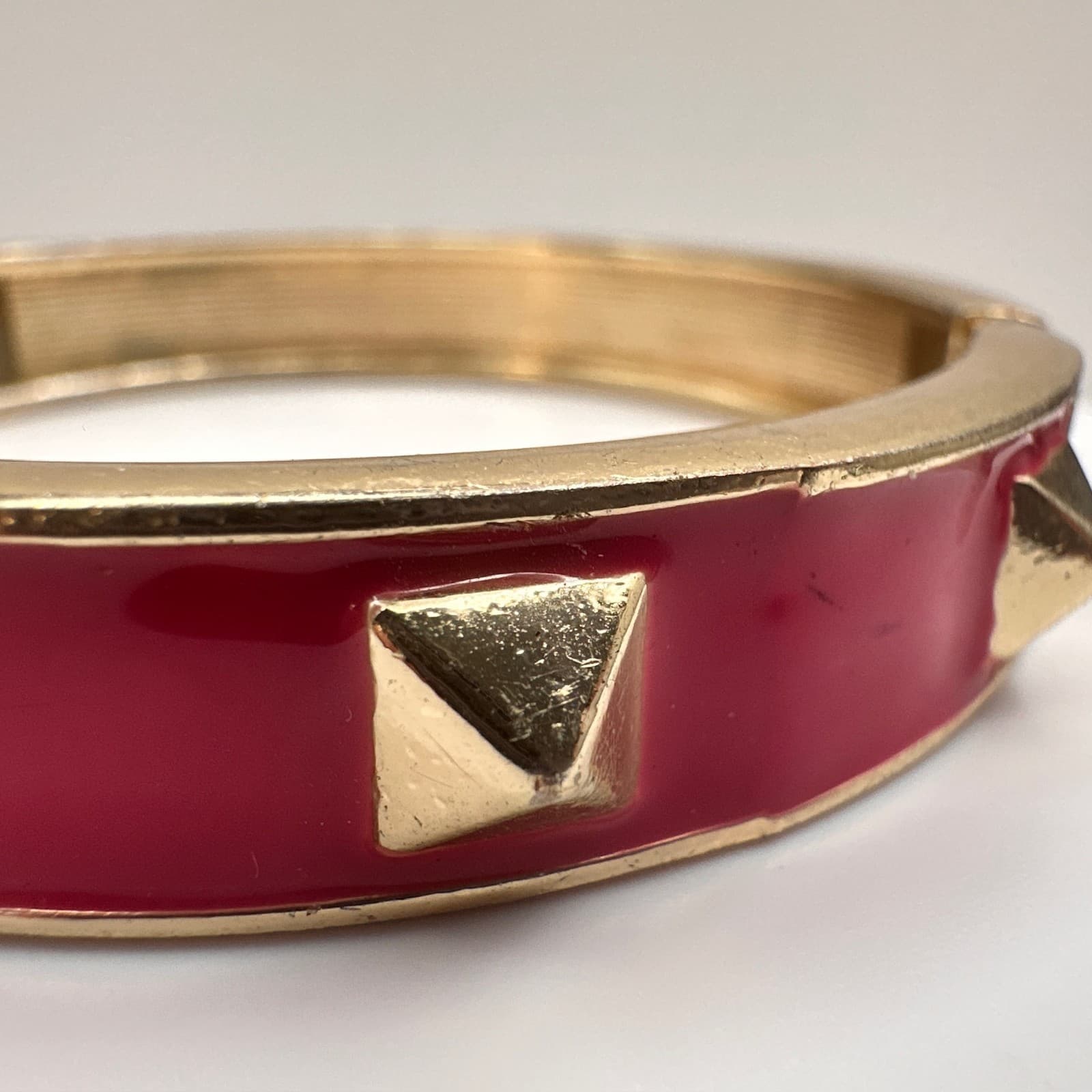 Vintage 90s Red Enamel Gold Tone Studded Hinged Bracelet Punk Rocker Jewelry - Thumbnail 4
