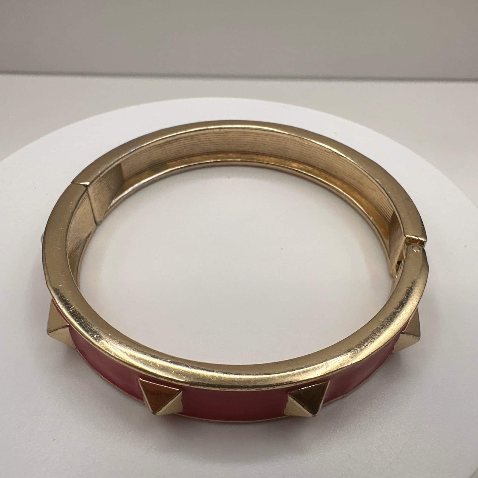 Vintage 90s Red Enamel Gold Tone Studded Hinged Bracelet Punk Rocker Jewelry - Thumbnail 5