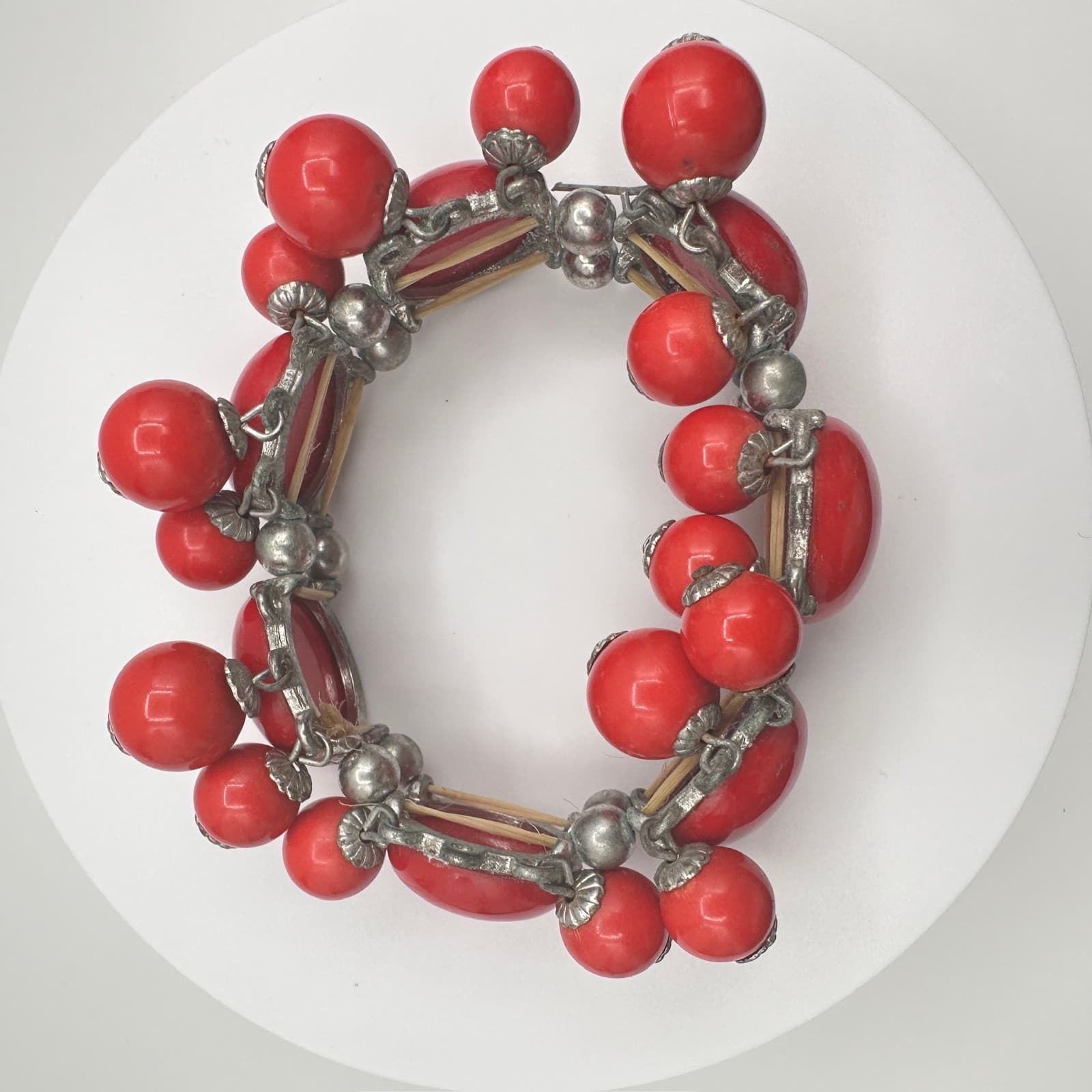 Vintage 80s Red Chunky Cabochon Bead Stretch Bracelet Silver Tone Fashion - Thumbnail 9