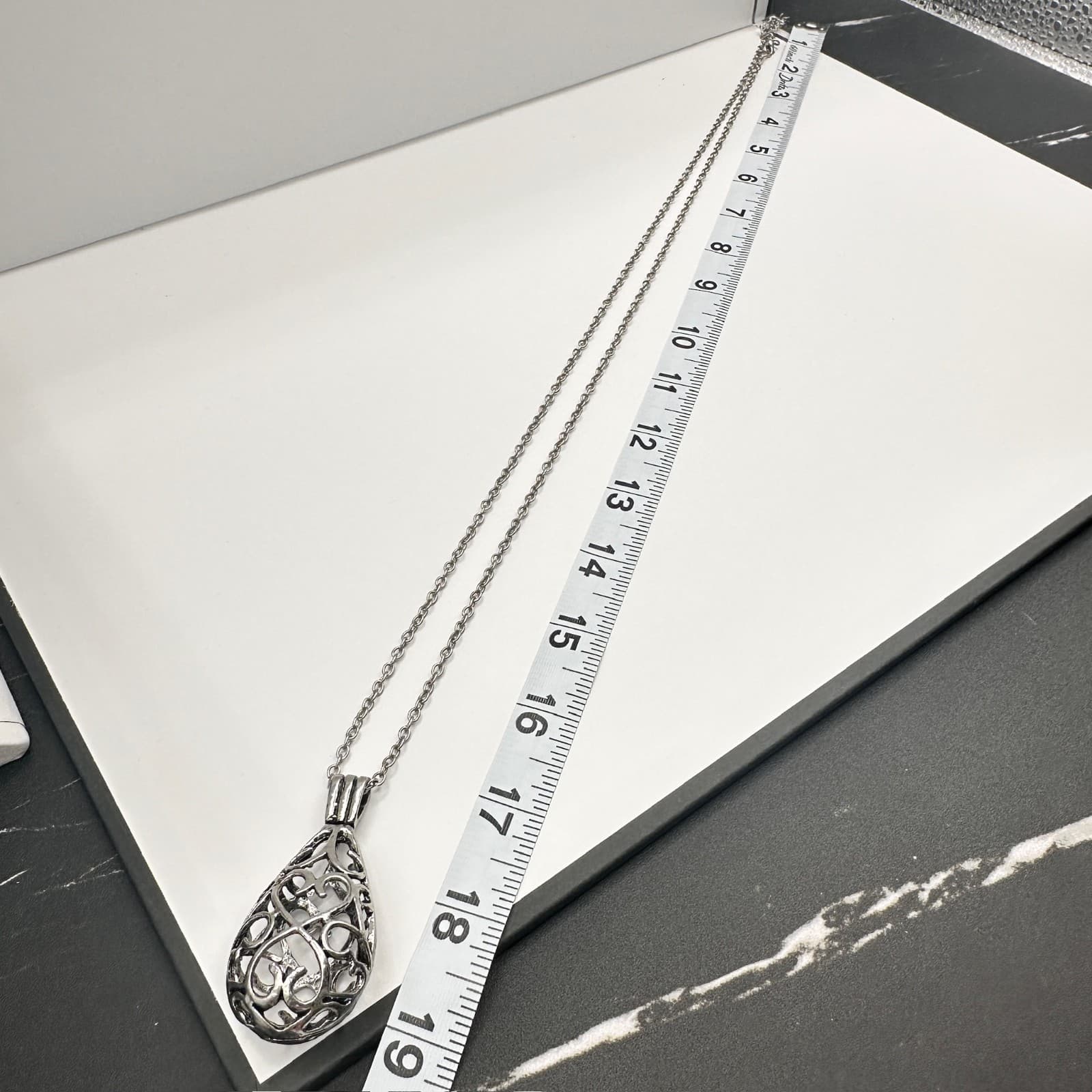 Vintage 80s Silver Tone Filigree Teardrop Heart Pendant Necklace Lobster Jewelry - Thumbnail 12