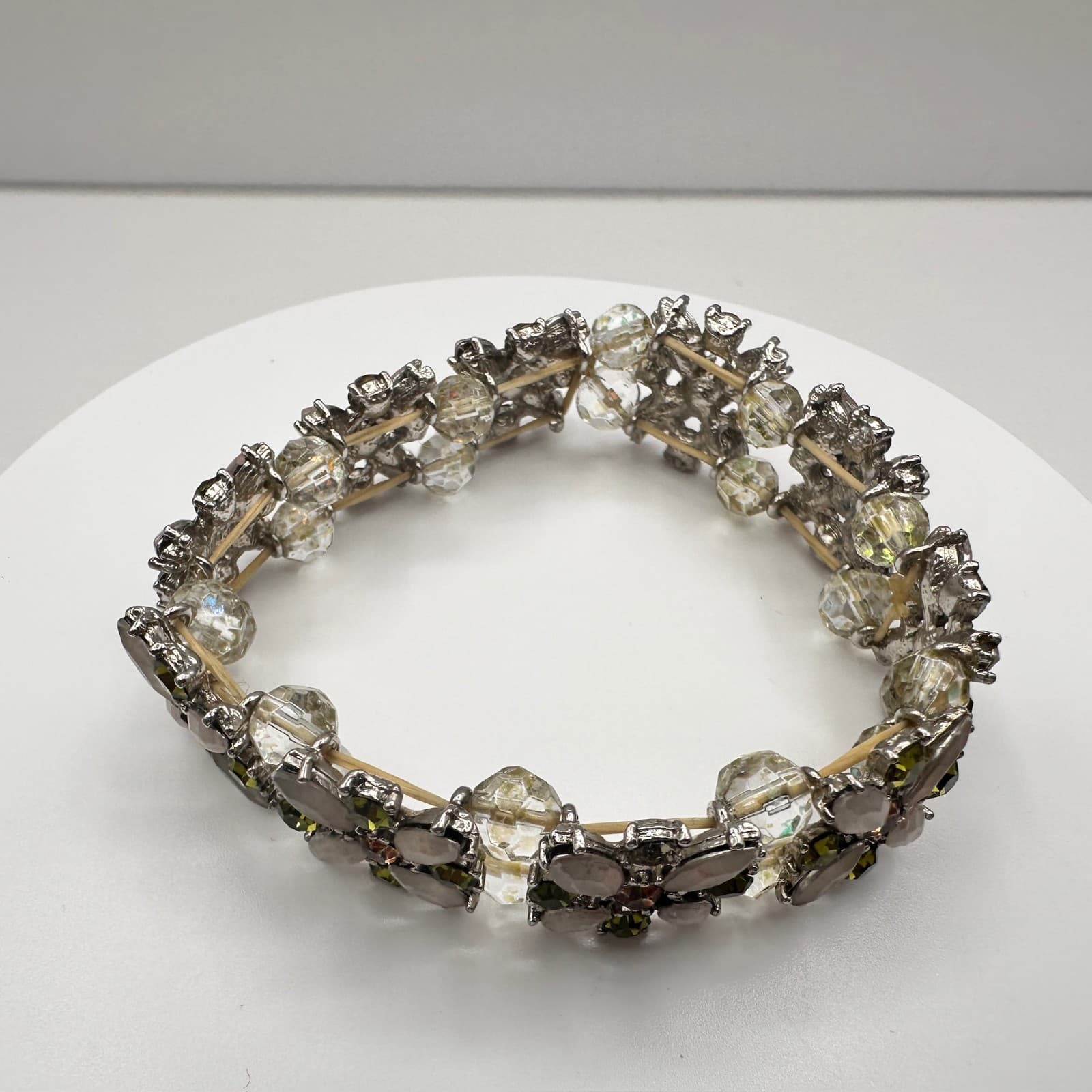 Vintage 90s Silver Tone Floral Stretch Bracelet Multi-Color Glass Jewelry - Thumbnail 5