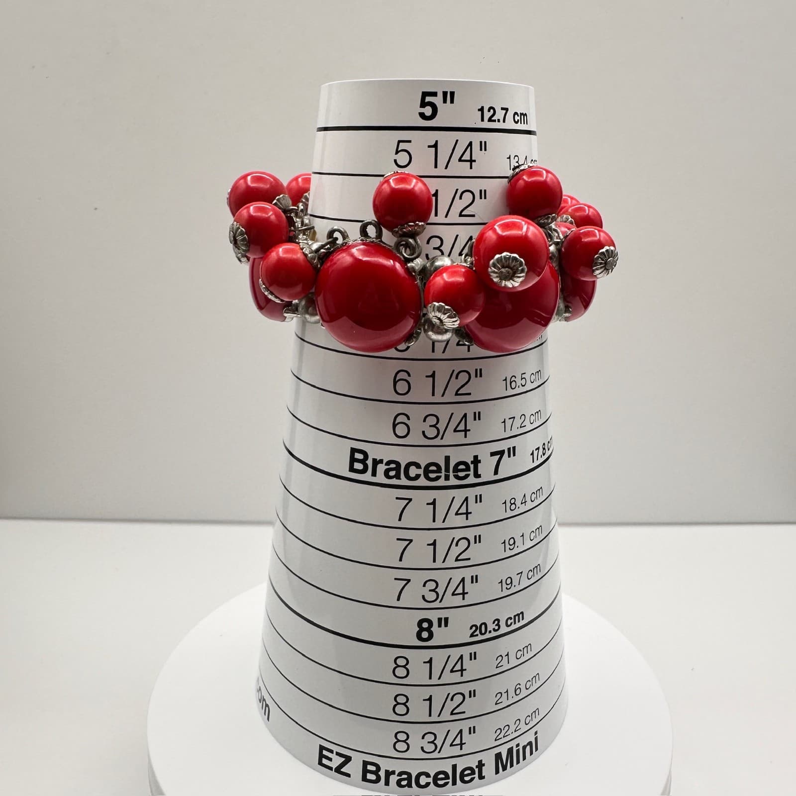 Vintage 80s Red Chunky Cabochon Bead Stretch Bracelet Silver Tone Fashion - Thumbnail 10