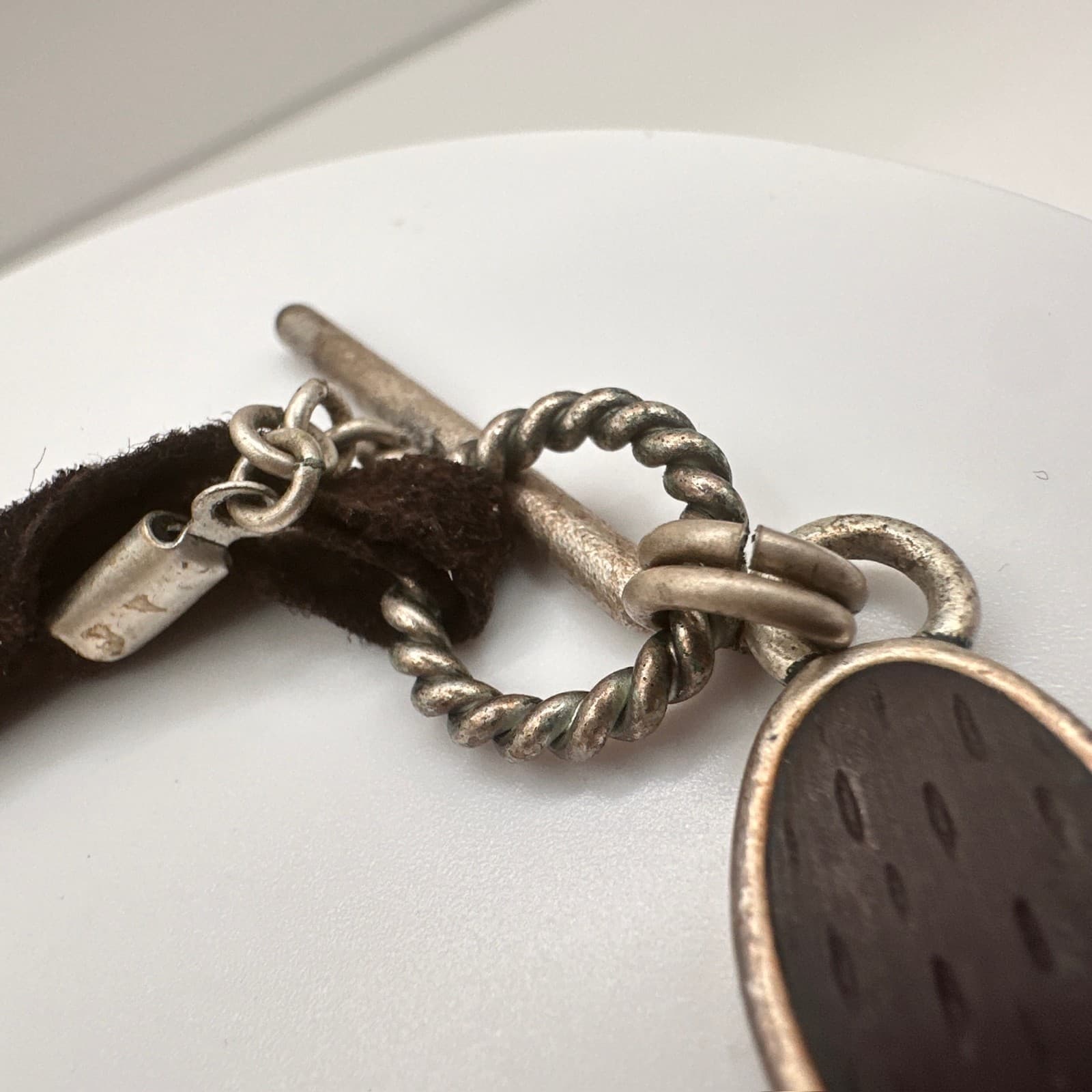 Vintage Y2K Abalone Shell Inlay Bracelet Green Cabochon Stone Silver Tone Toggle - Thumbnail 9