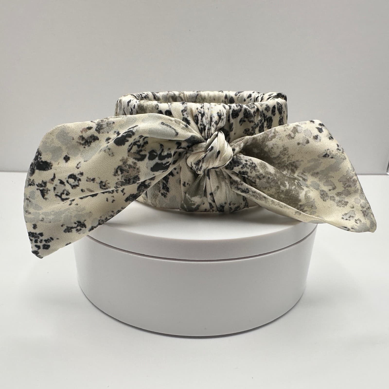Vintage 90s Satin Leopard Print Bow Cuff Bracelet Cream & Black Fashion Jewelry - Image 1