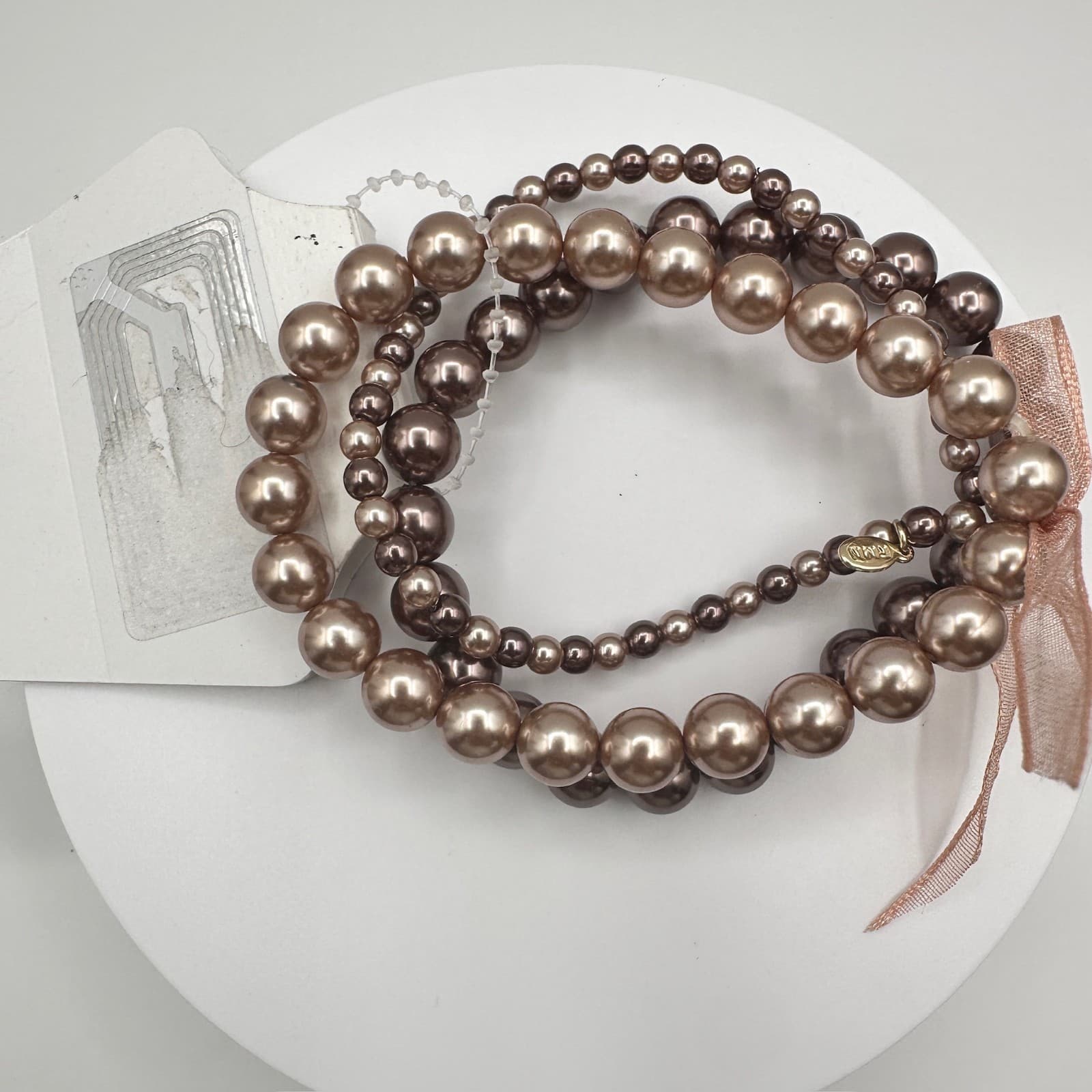 Vintage 90s Croft &Barrow Multi-Strand Bronze Tone Pearl Stretch Bracelet Ribbon - Thumbnail 12