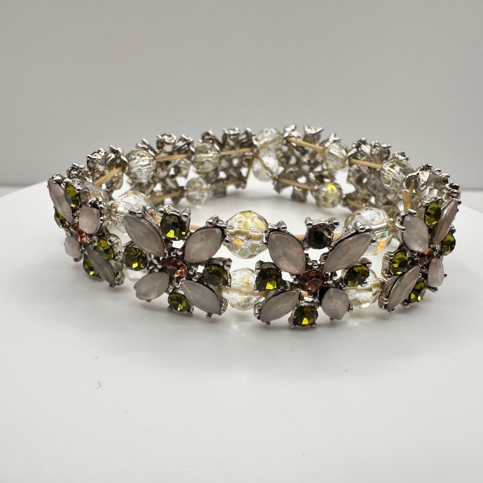 Vintage 90s Silver Tone Floral Stretch Bracelet Multi-Color Glass Jewelry - Image 1