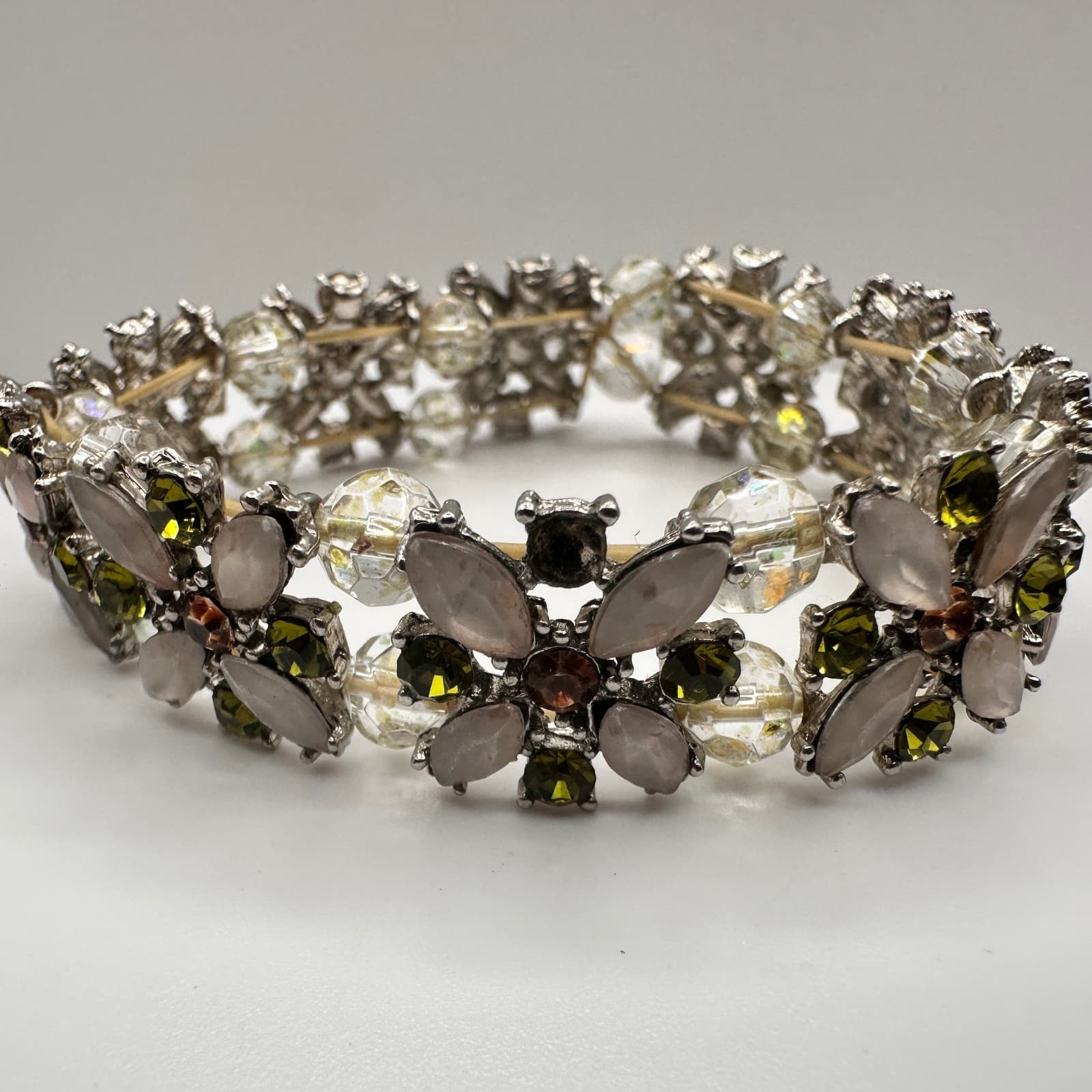 Vintage 90s Silver Tone Floral Stretch Bracelet Multi-Color Glass Jewelry - Thumbnail 4