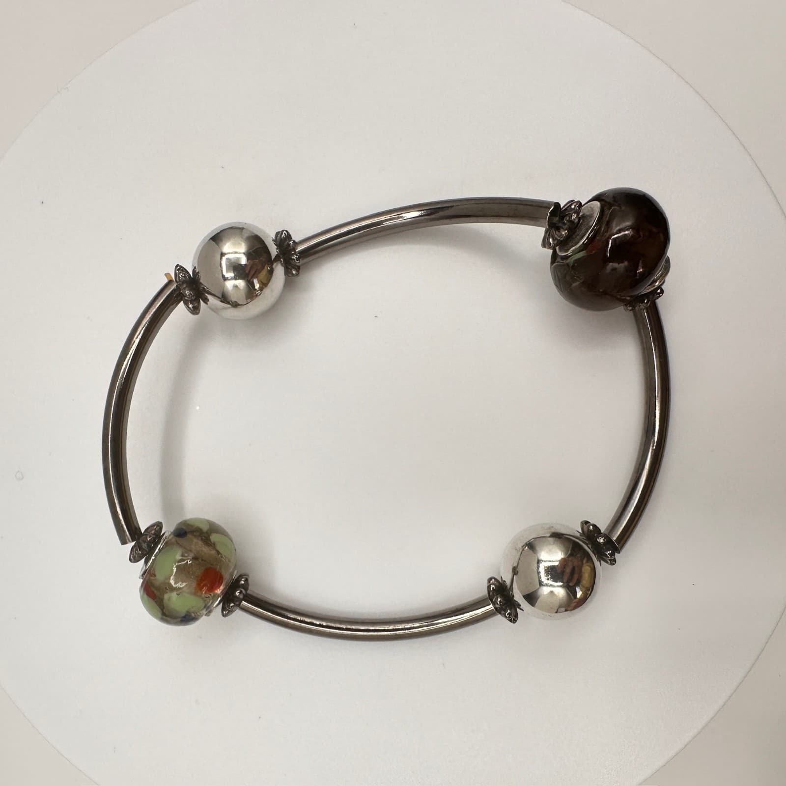 Vintage Y2K Art Glass Lampwork Bead Bangle Silver Tone Boho Women's Jewelry - Thumbnail 9