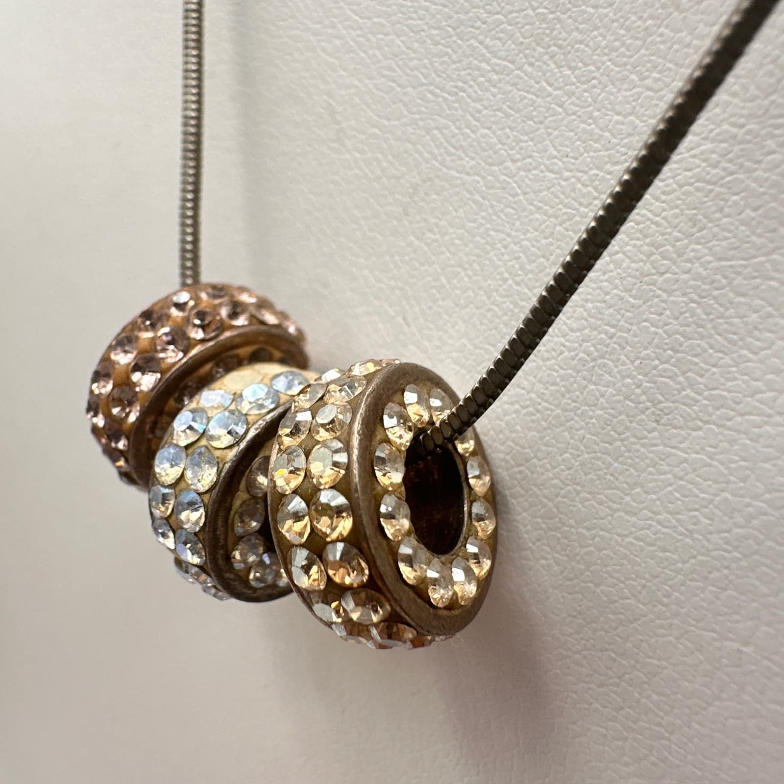 Vintage Y2K Rhinestone Slide Roller Charm Necklace Silver Tone Snake Chain - Thumbnail 6