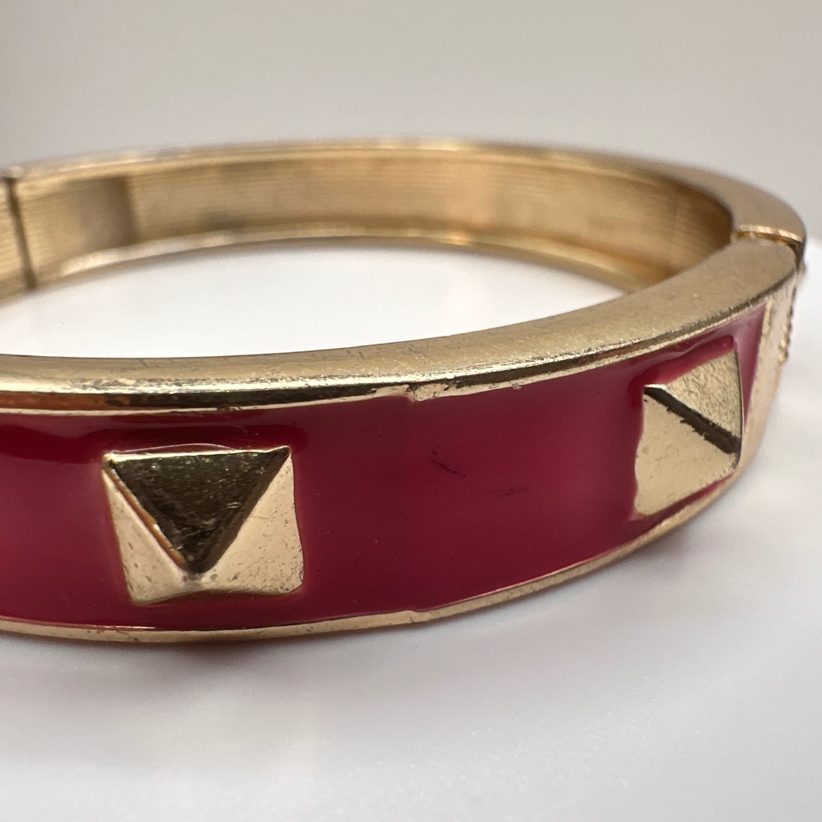 Vintage 90s Red Enamel Gold Tone Studded Hinged Bracelet Punk Rocker Jewelry - Thumbnail 7