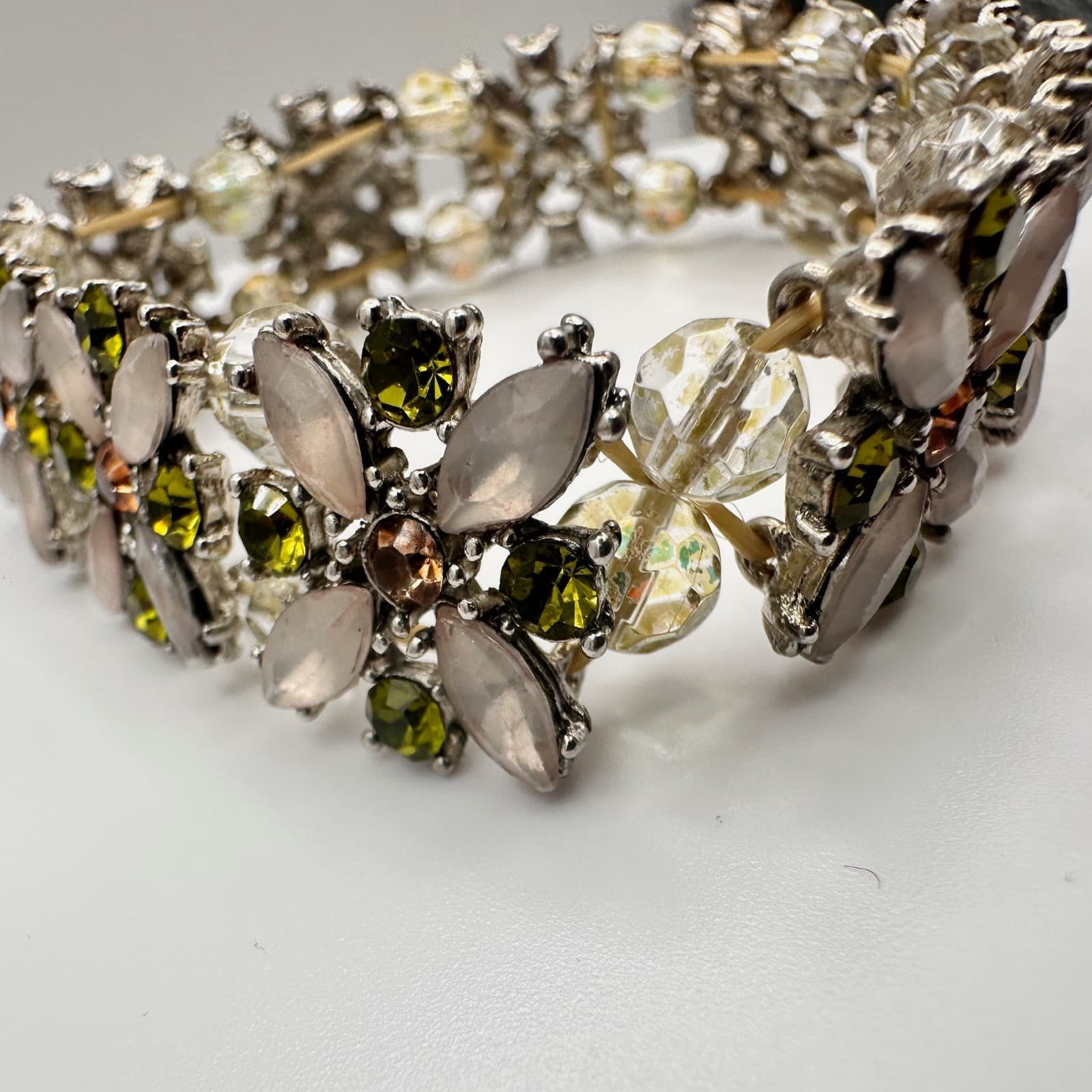 Vintage 90s Silver Tone Floral Stretch Bracelet Multi-Color Glass Jewelry - Thumbnail 6
