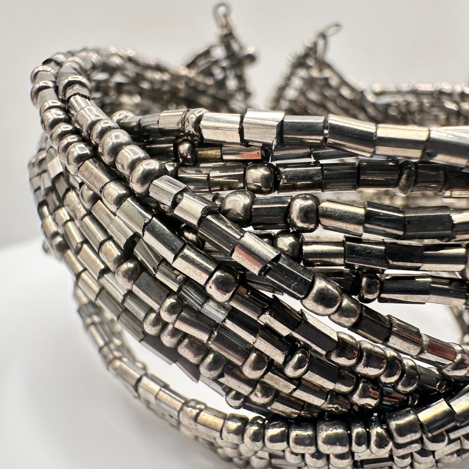 Vintage 90s Silver Tone Multi-Strand Beaded Wide Cuff Bracelet Women's Jewelry - Thumbnail 4